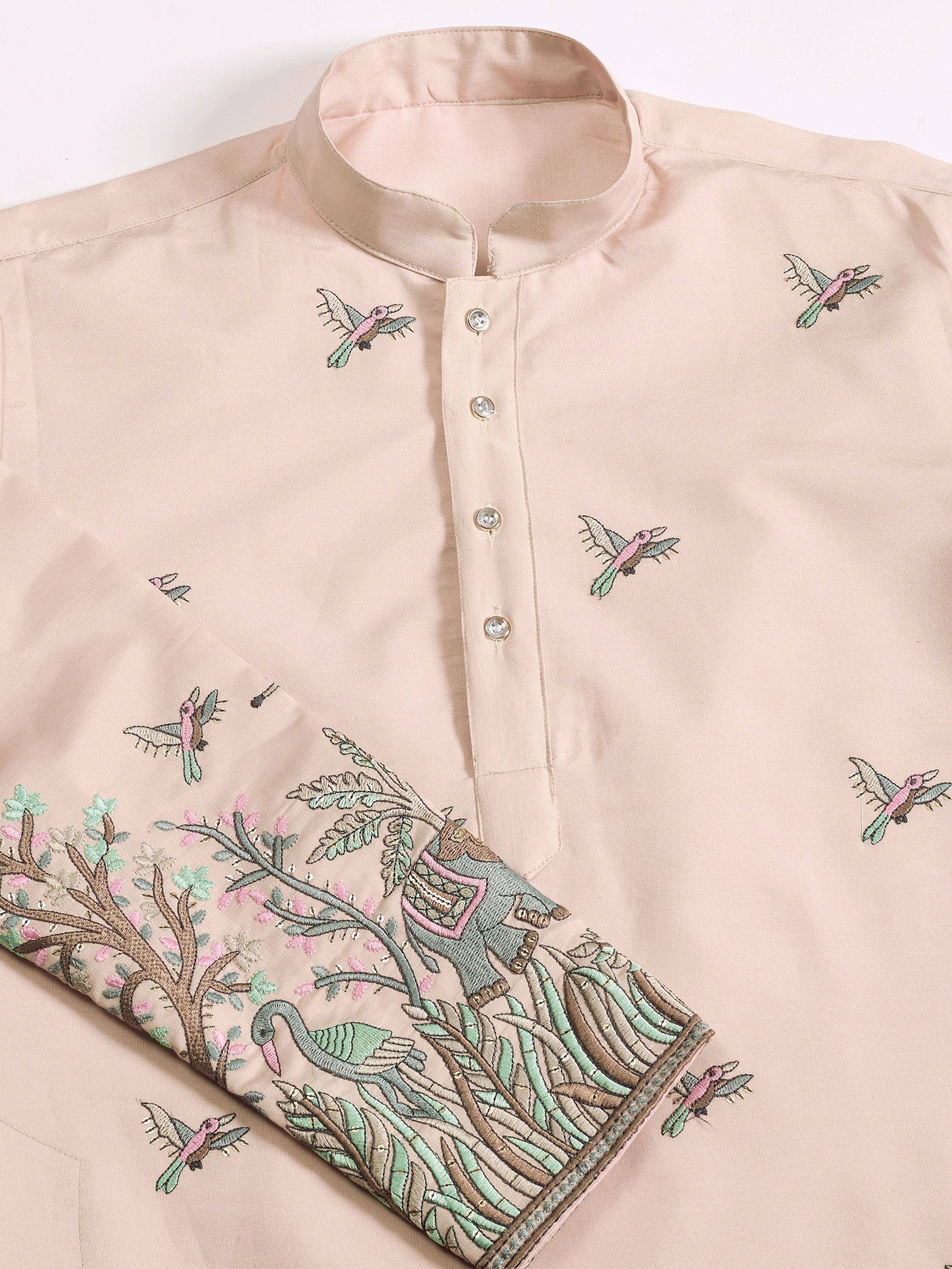 Beige ethnic kurta with bird and elephant embroidery, perfect for Indian wear