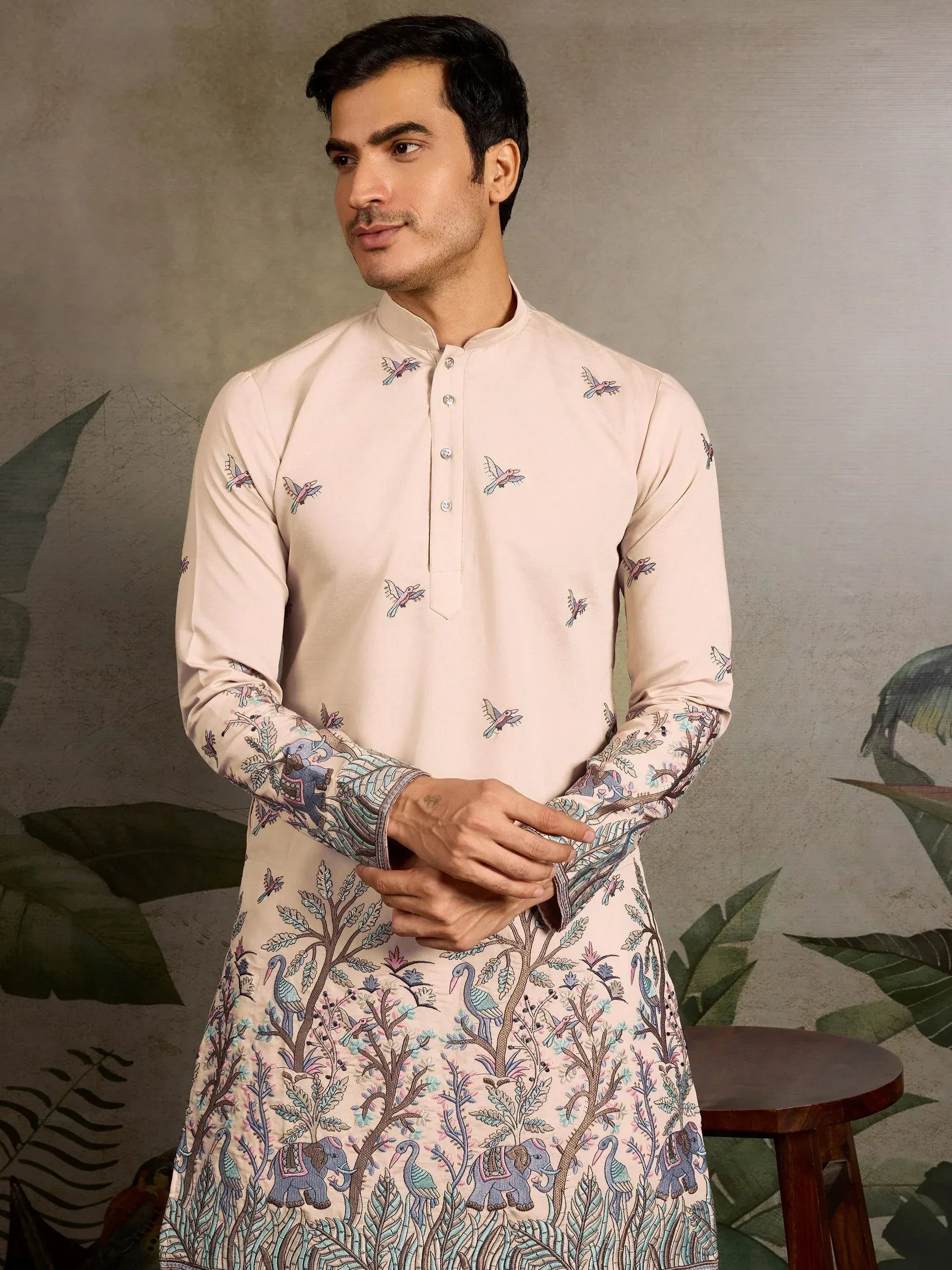 Men's ethnic kurta with bird and elephant print, ideal for Indian festive occasions