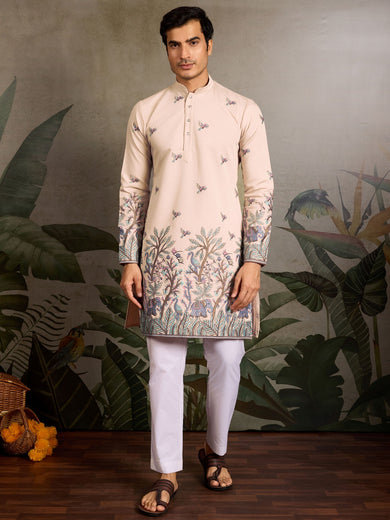 Fabulous Beige Thread Embroidered Viscose Festival Wear Men Kurta