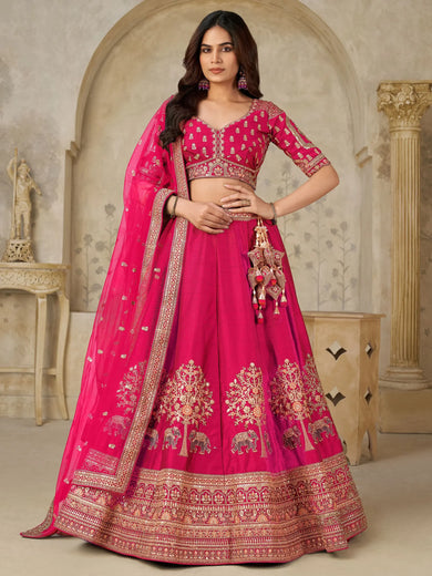 Outstanding Rani Pink Sequins Silk Wedding Lehenga Choli With Dupatta