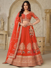 Marvelous Rust Orange Zari Work Silk Lehenga Choli With Dupatta