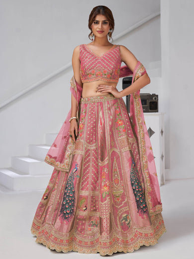Dazzling Pink Zari Embroidered Banarasi Silk Bridesmaid Lehenga Choli