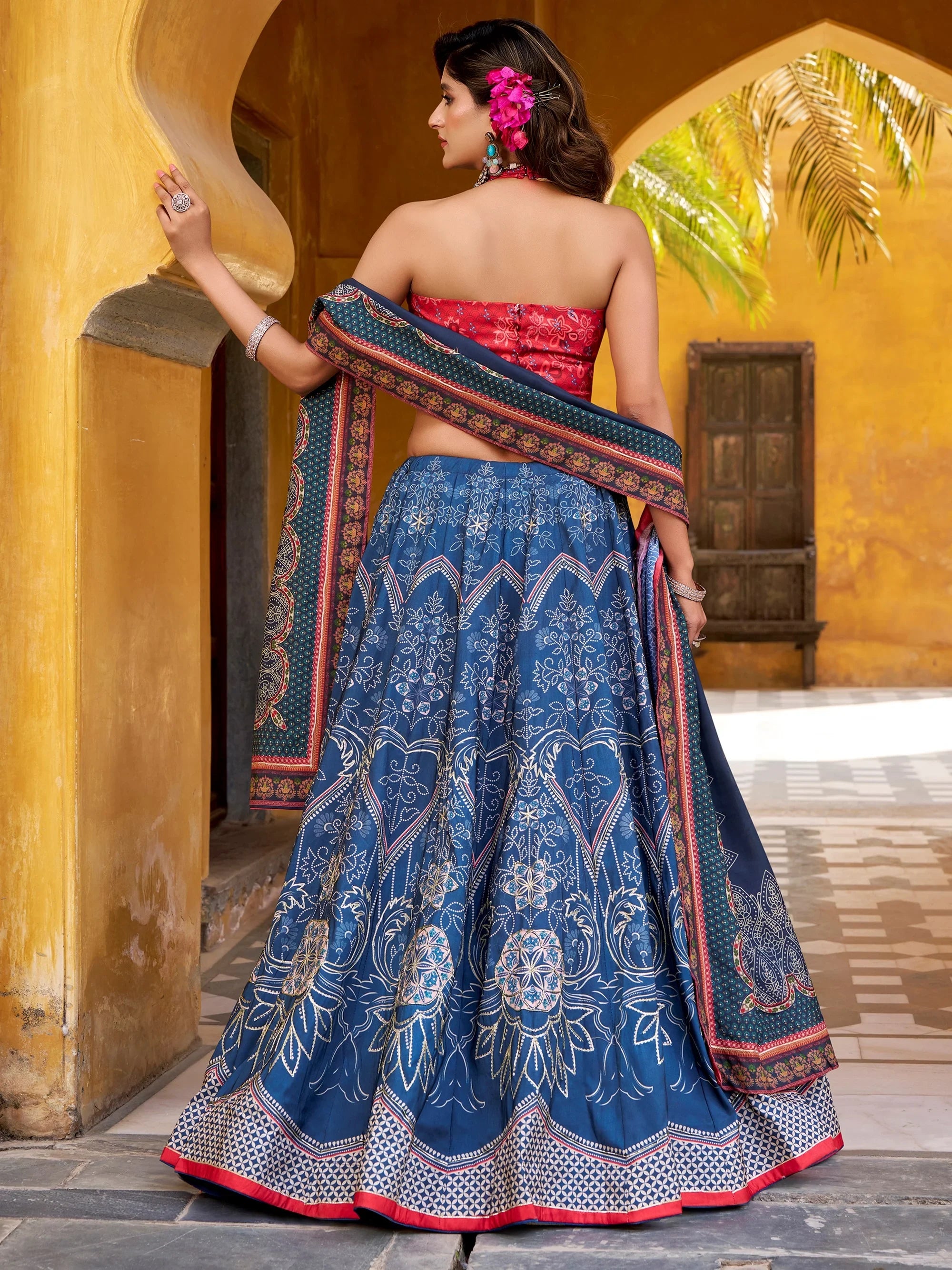 Sparkling Blue Digital Printed Silk Lehenga Choli With Dupatta
