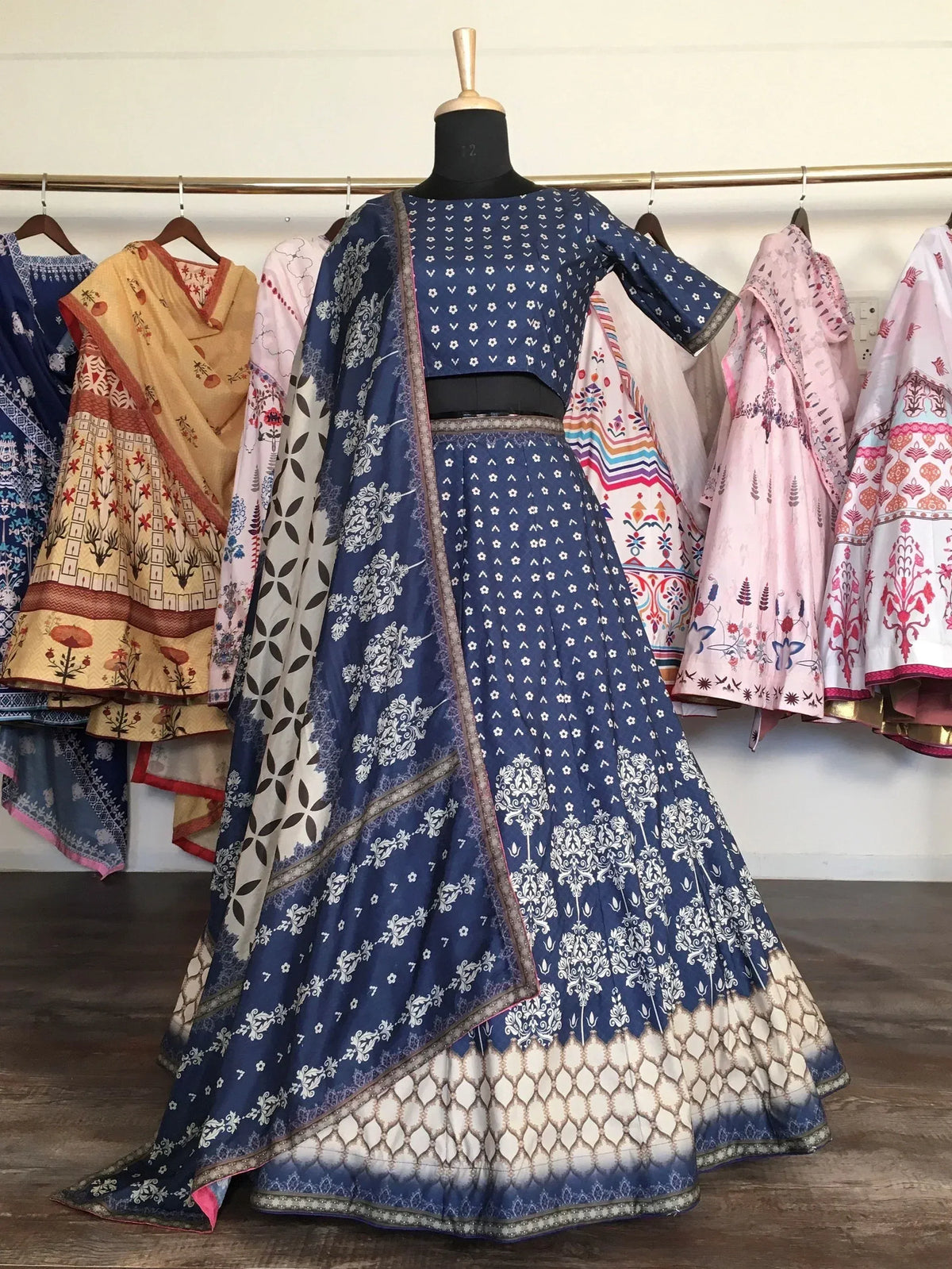 Blue printed lehenga choli with floral motifs and dupatta, Indian ethnic wear for women