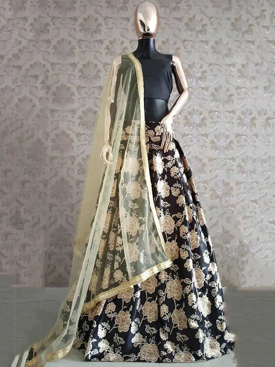 Black and gold floral lehenga choli with sheer dupatta, ethnic Indian wear for women