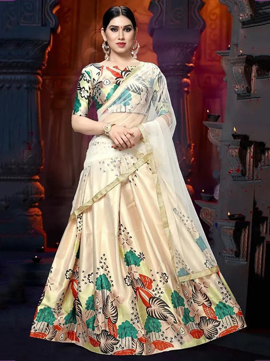 Cream floral print lehenga choli with sheer dupatta, Indian ethnic wear for weddings and festivals