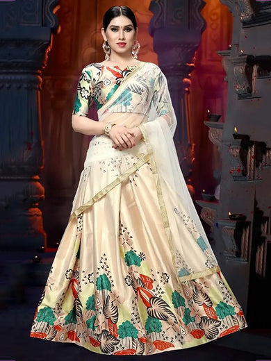 Ravishing Cream Satin Digital Printed Festival Wear Lehenga Choli