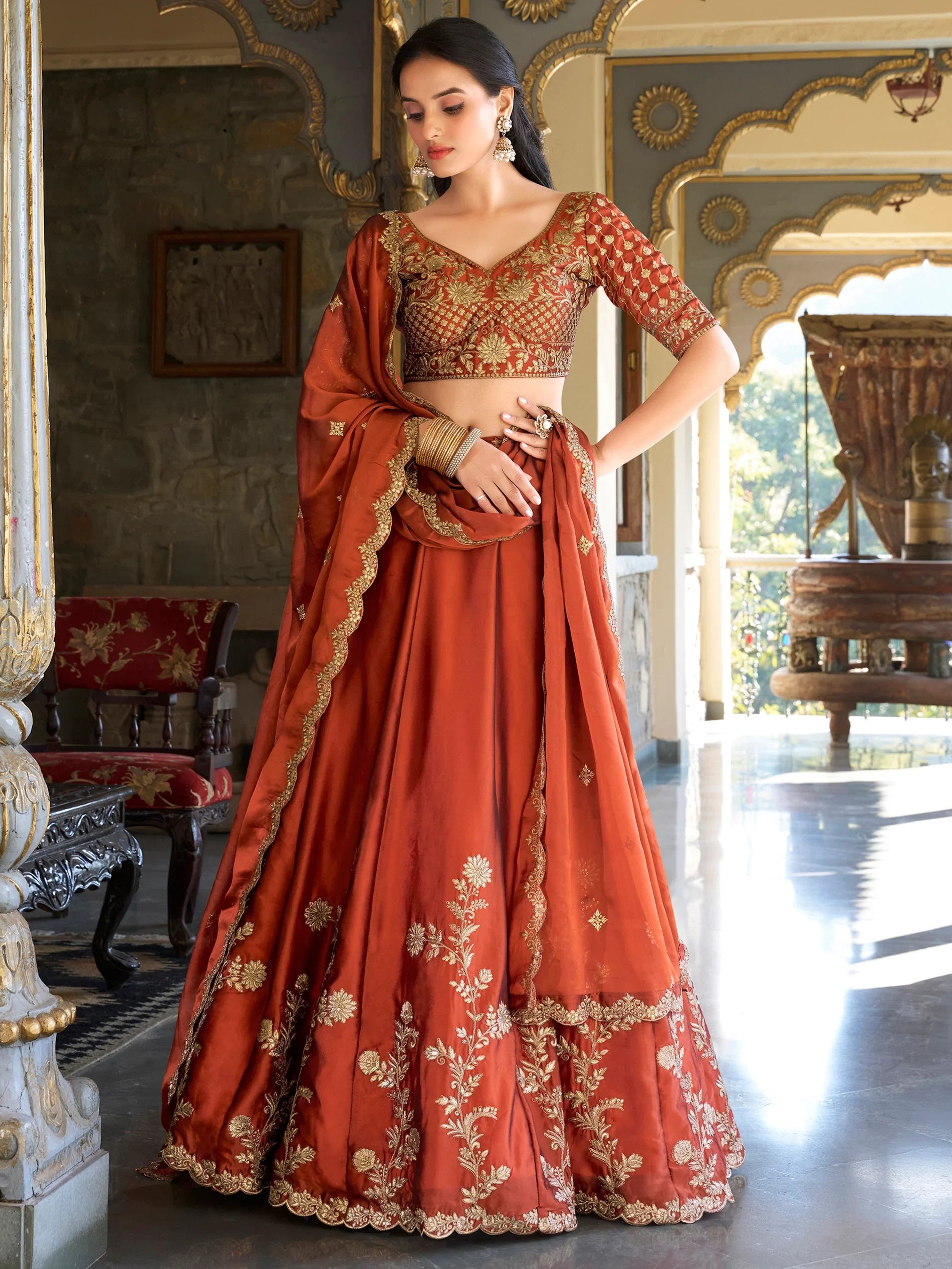 Attractive Orange Thread Embroidery Silk Wedding Wear Lehenga Choli