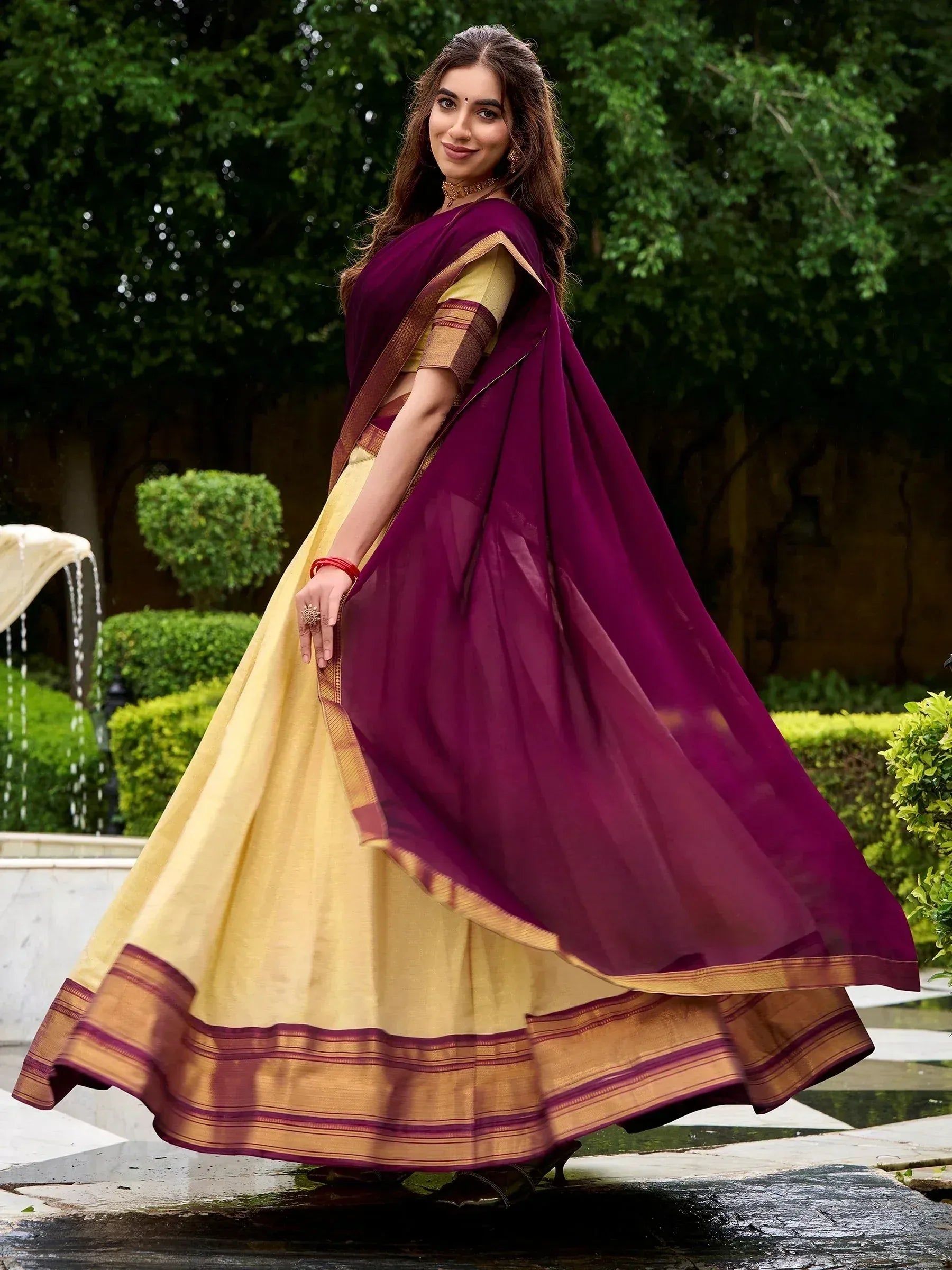 Fabulous Beige Zari Weaving Kanjivaram Event Wear Half Saree Lehenga
