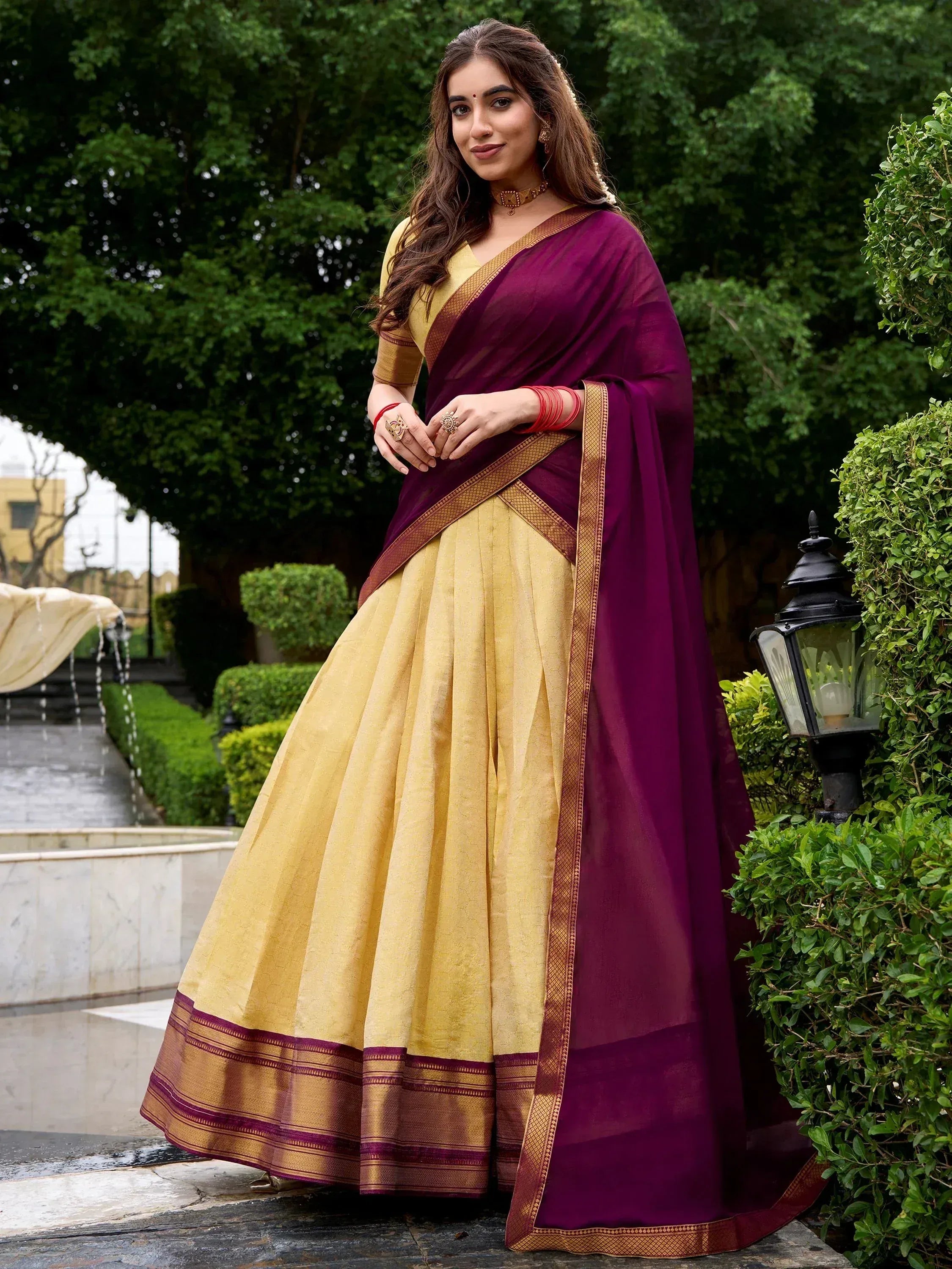 Fabulous Beige Zari Weaving Kanjivaram Event Wear Half Saree Lehenga