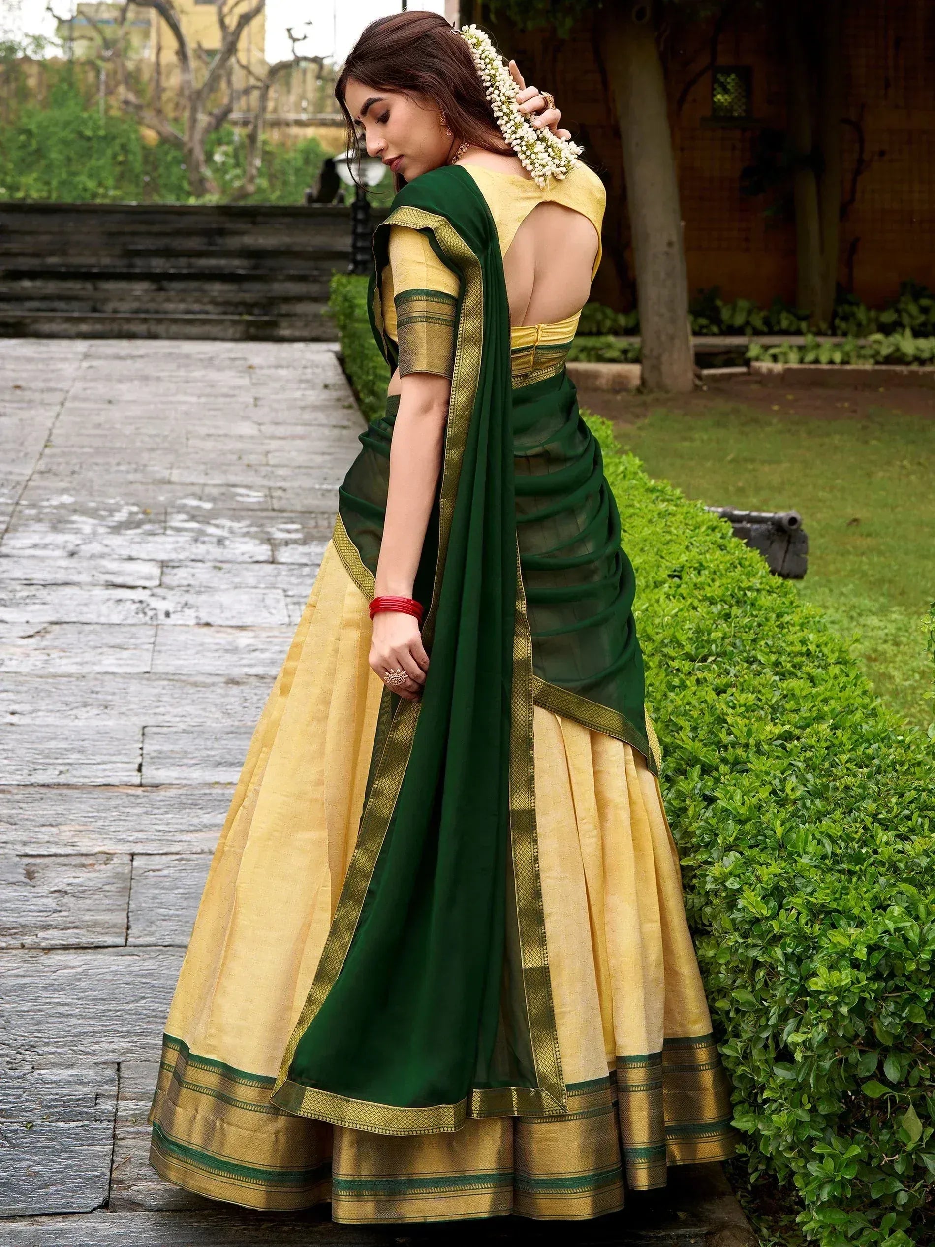 Elegant Beige Zari Weaving Kanjivaram Half Saree Lehenga