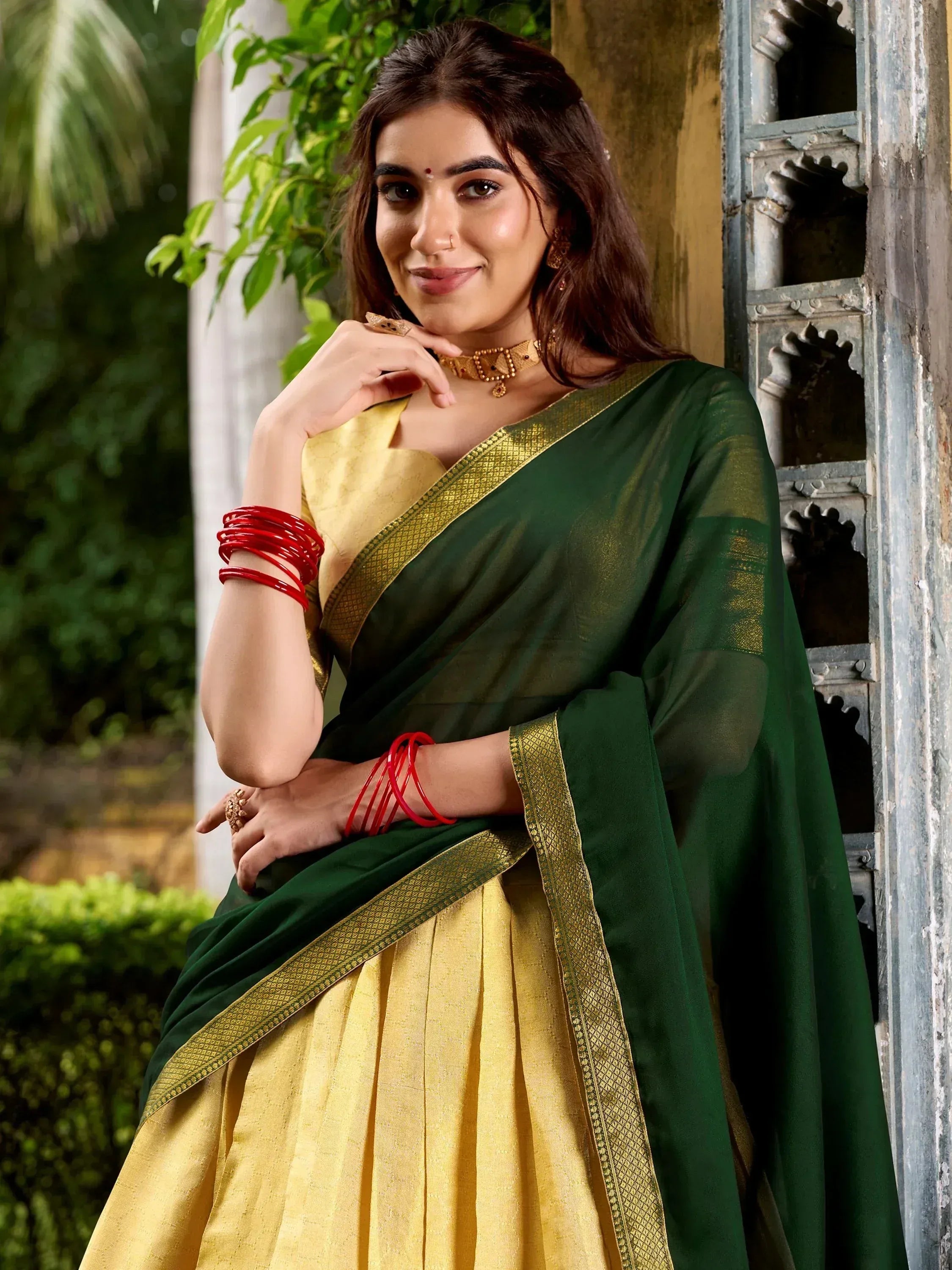 Elegant Beige Zari Weaving Kanjivaram Half Saree Lehenga