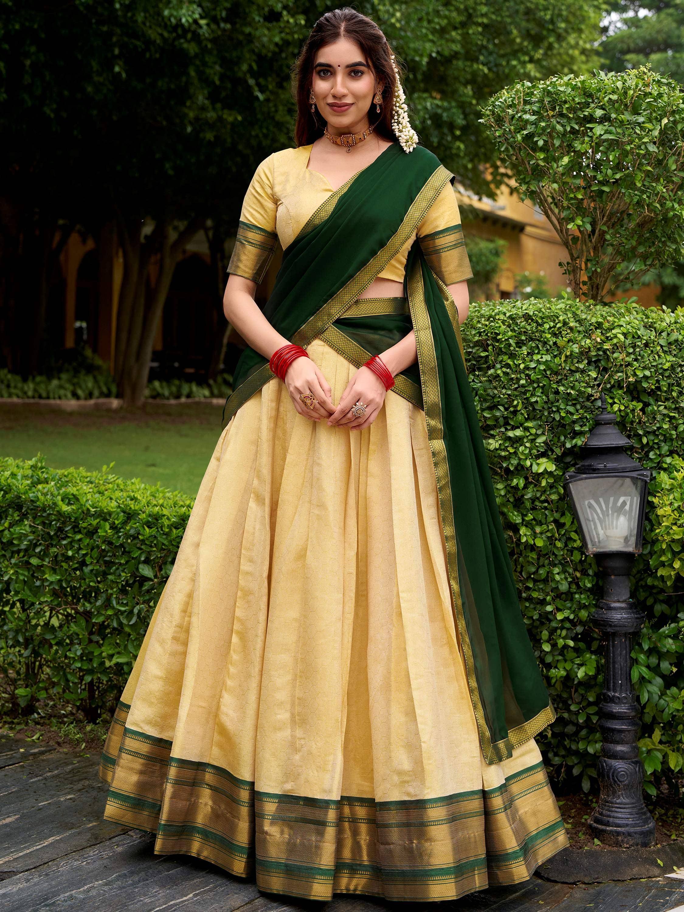 Elegant Beige Zari Weaving Kanjivaram Half Saree Lehenga