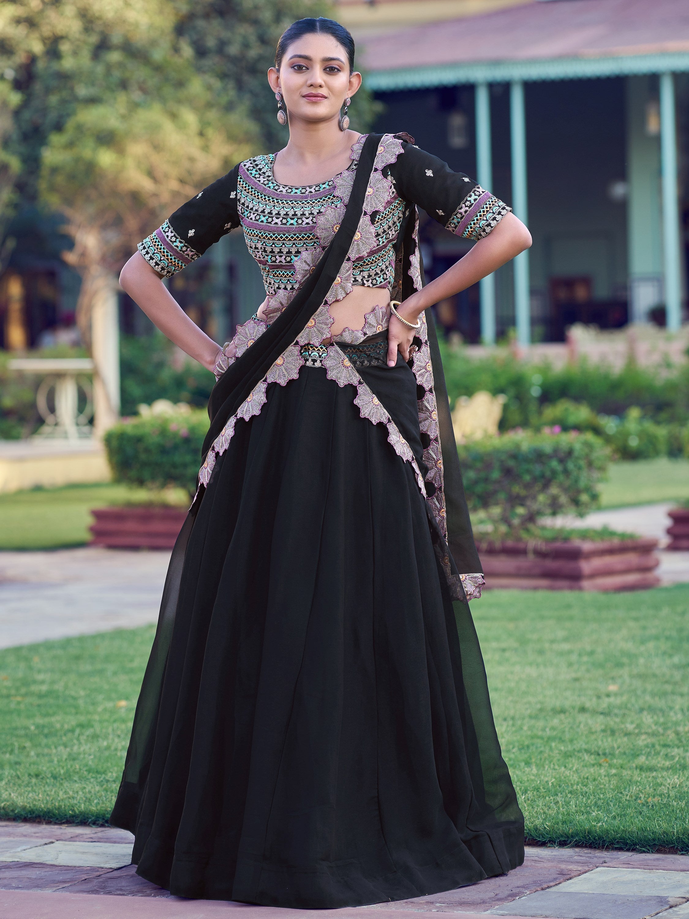 Dazzling Black Thread Work Georgette Event Wear Lehenga Choli