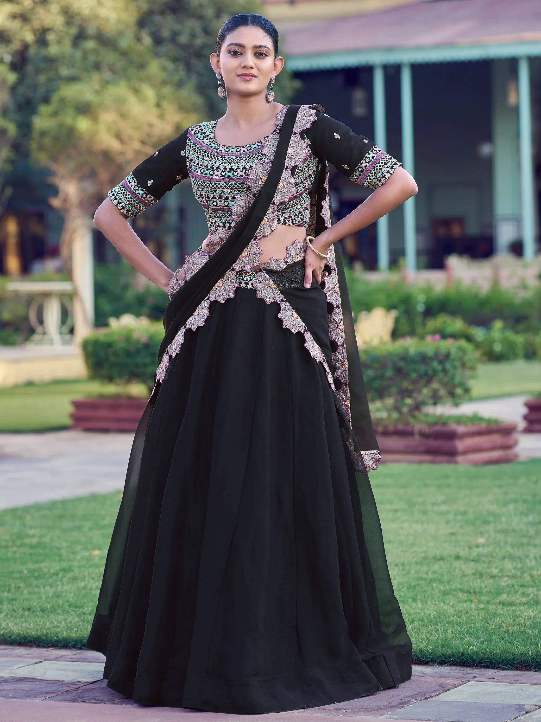 Dazzling Black Thread Work Georgette Event Wear Lehenga Choli