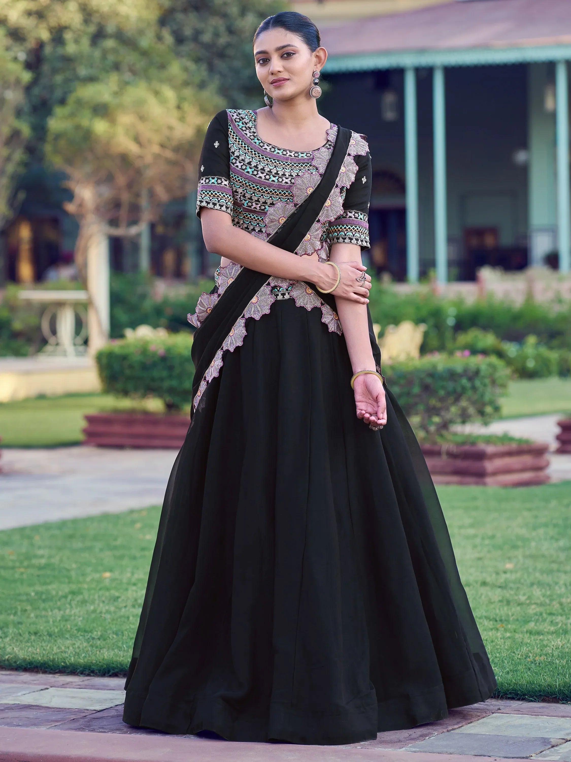 Dazzling Black Thread Work Georgette Event Wear Lehenga Choli