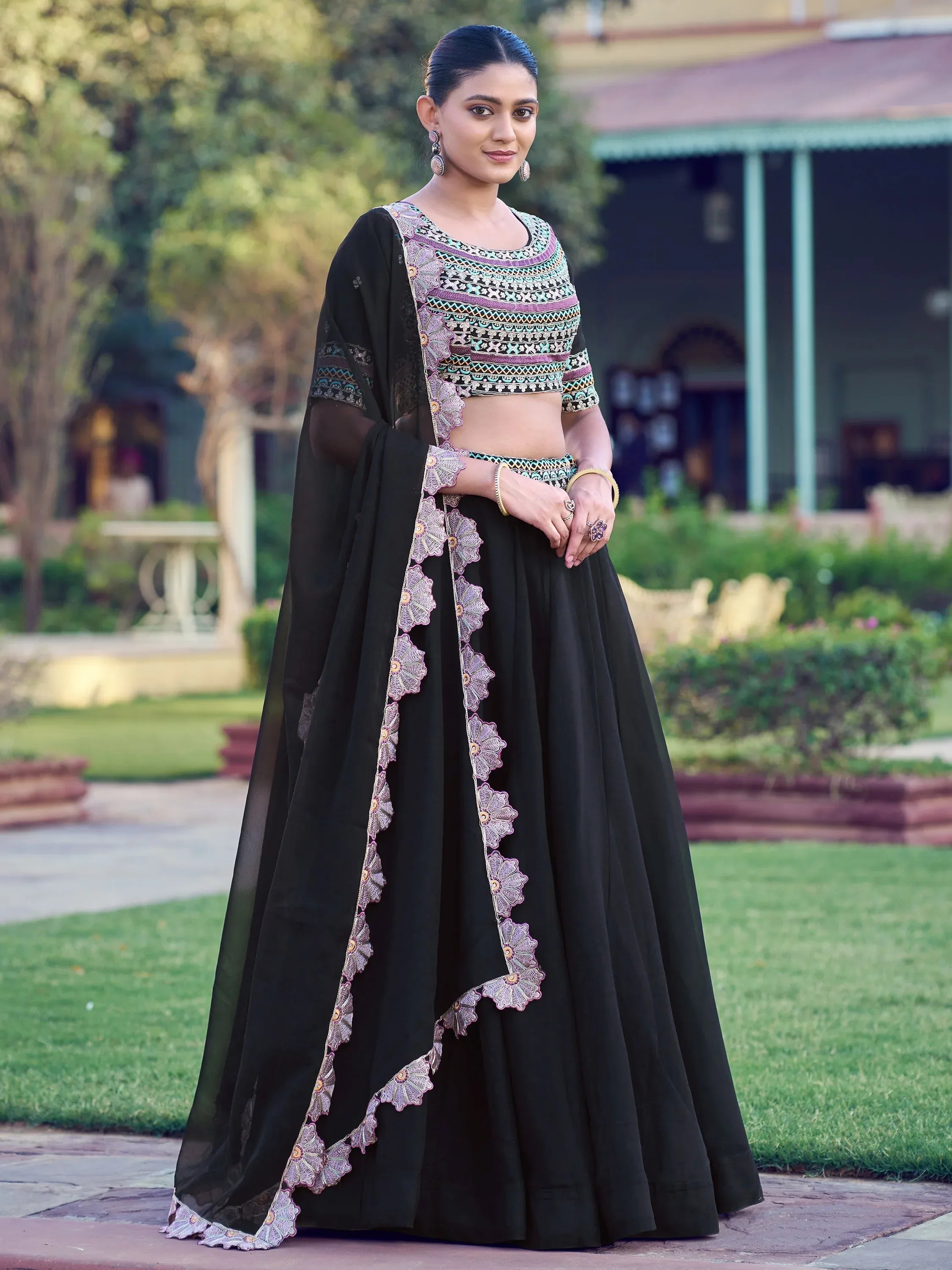 Dazzling Black Thread Work Georgette Event Wear Lehenga Choli
