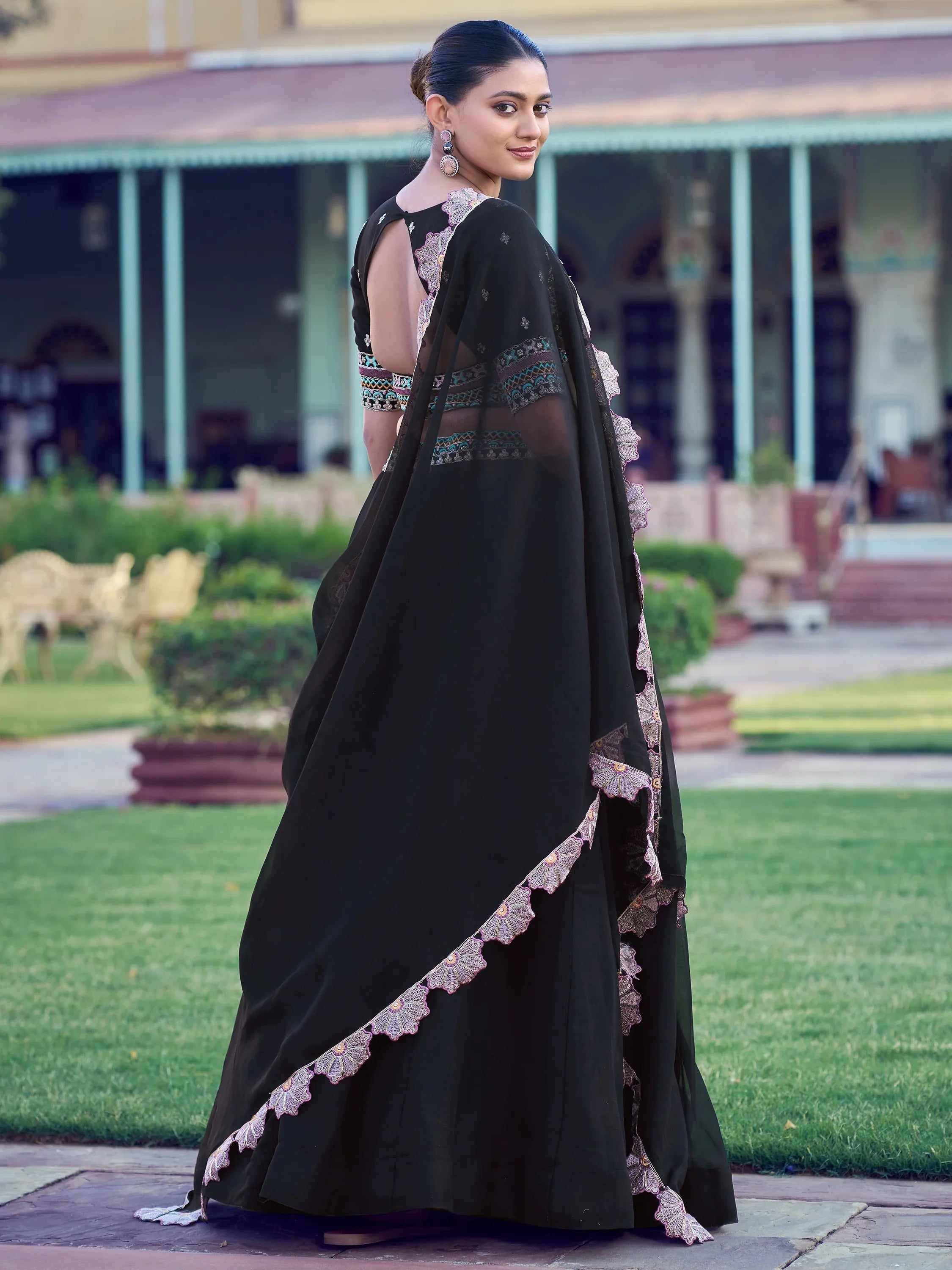 Dazzling Black Thread Work Georgette Event Wear Lehenga Choli