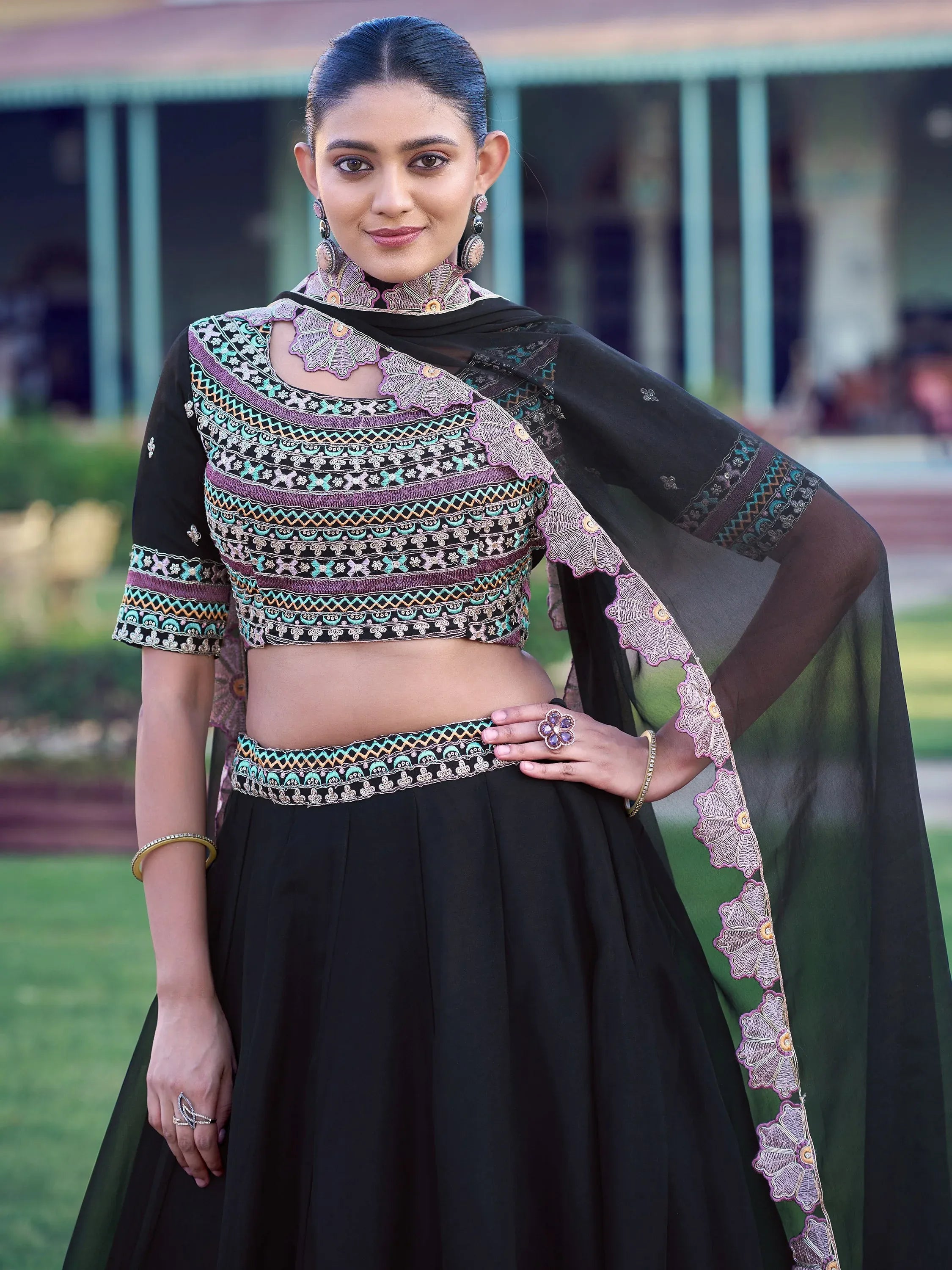Dazzling Black Thread Work Georgette Event Wear Lehenga Choli