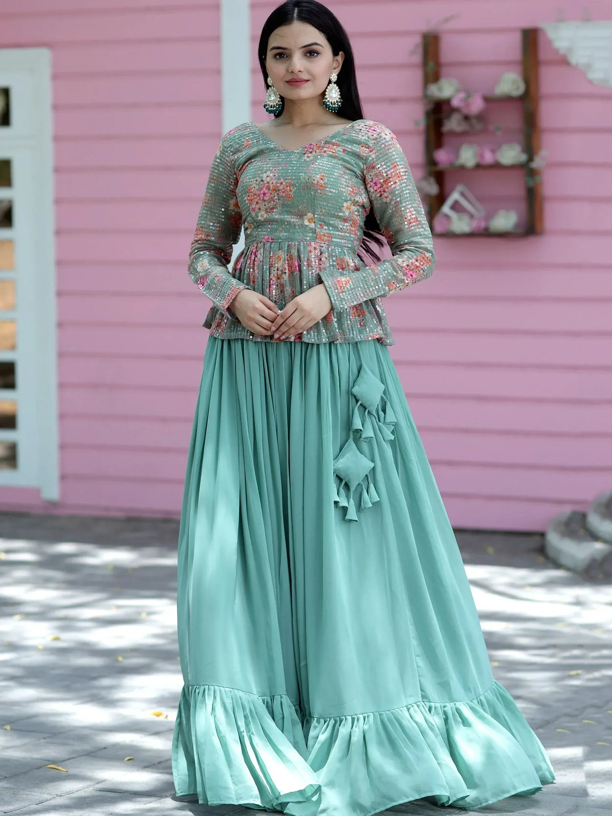 Mint green ethnic gown with floral sequin top and ruffled skirt, perfect for Indian occasions.