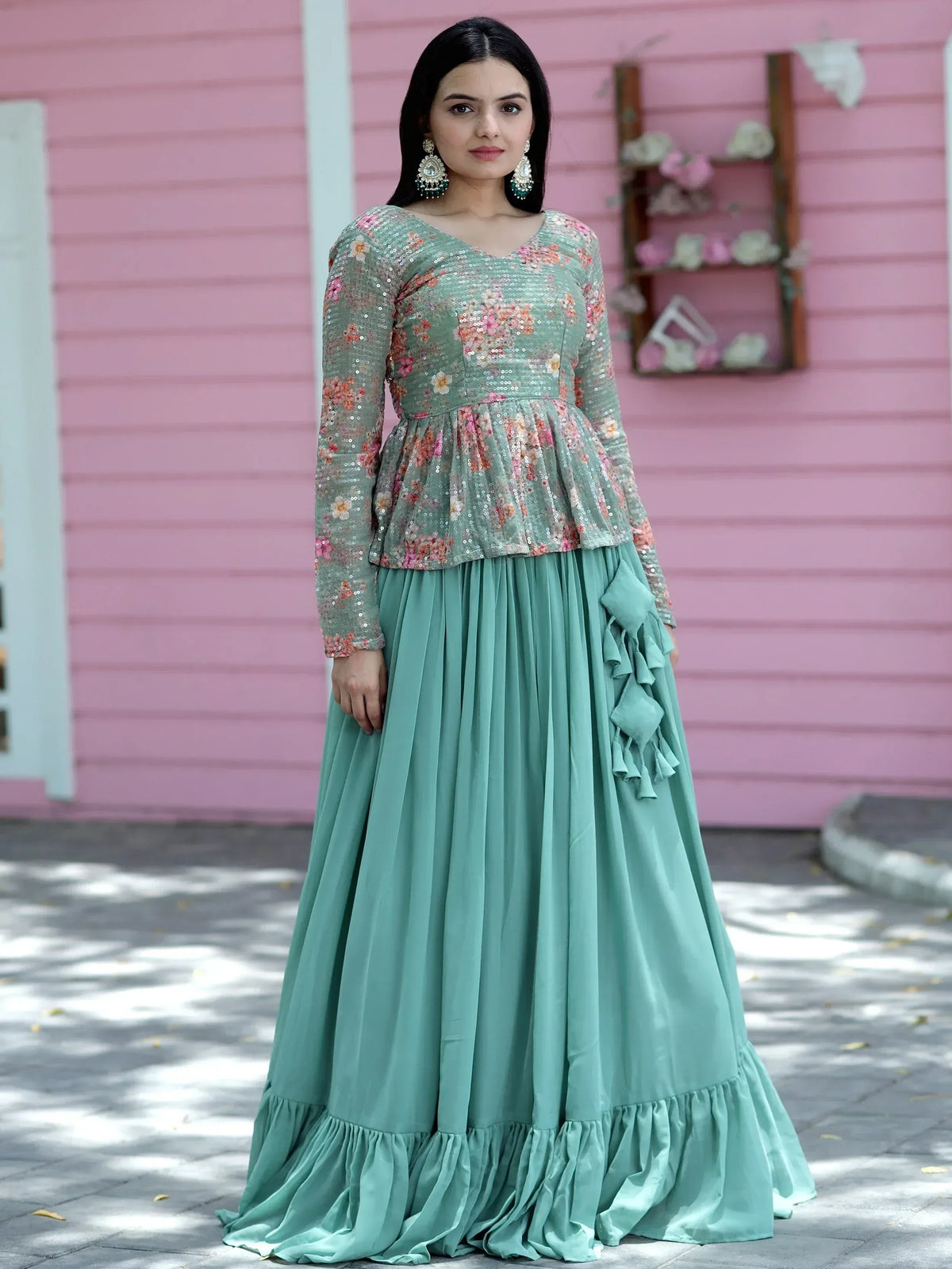 Mint green floral sequin peplum top with ruffled skirt, Indian ethnic wear for women