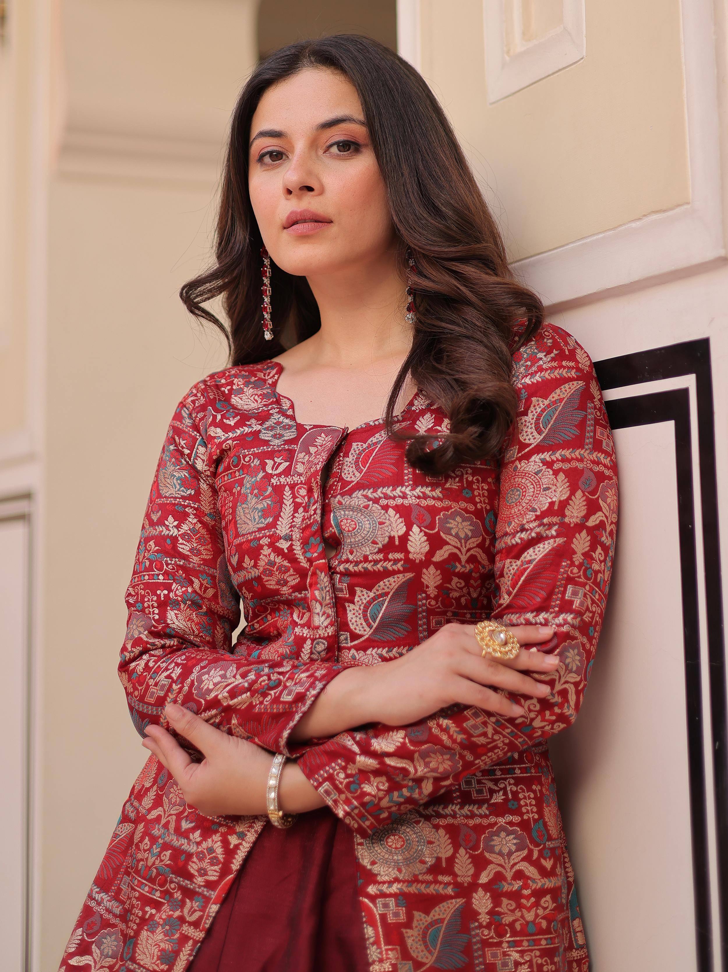 Adorable Maroon Silk Zari Weaving Bridesmaids Lehenga With Jacket