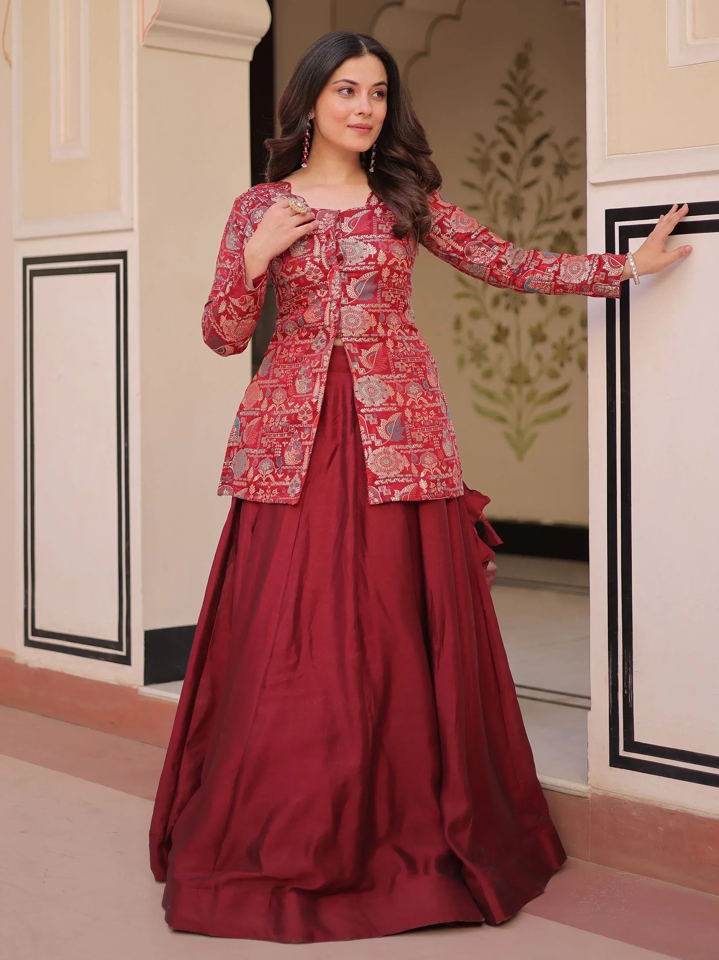 Adorable Maroon Silk Zari Weaving Bridesmaids Lehenga With Jacket