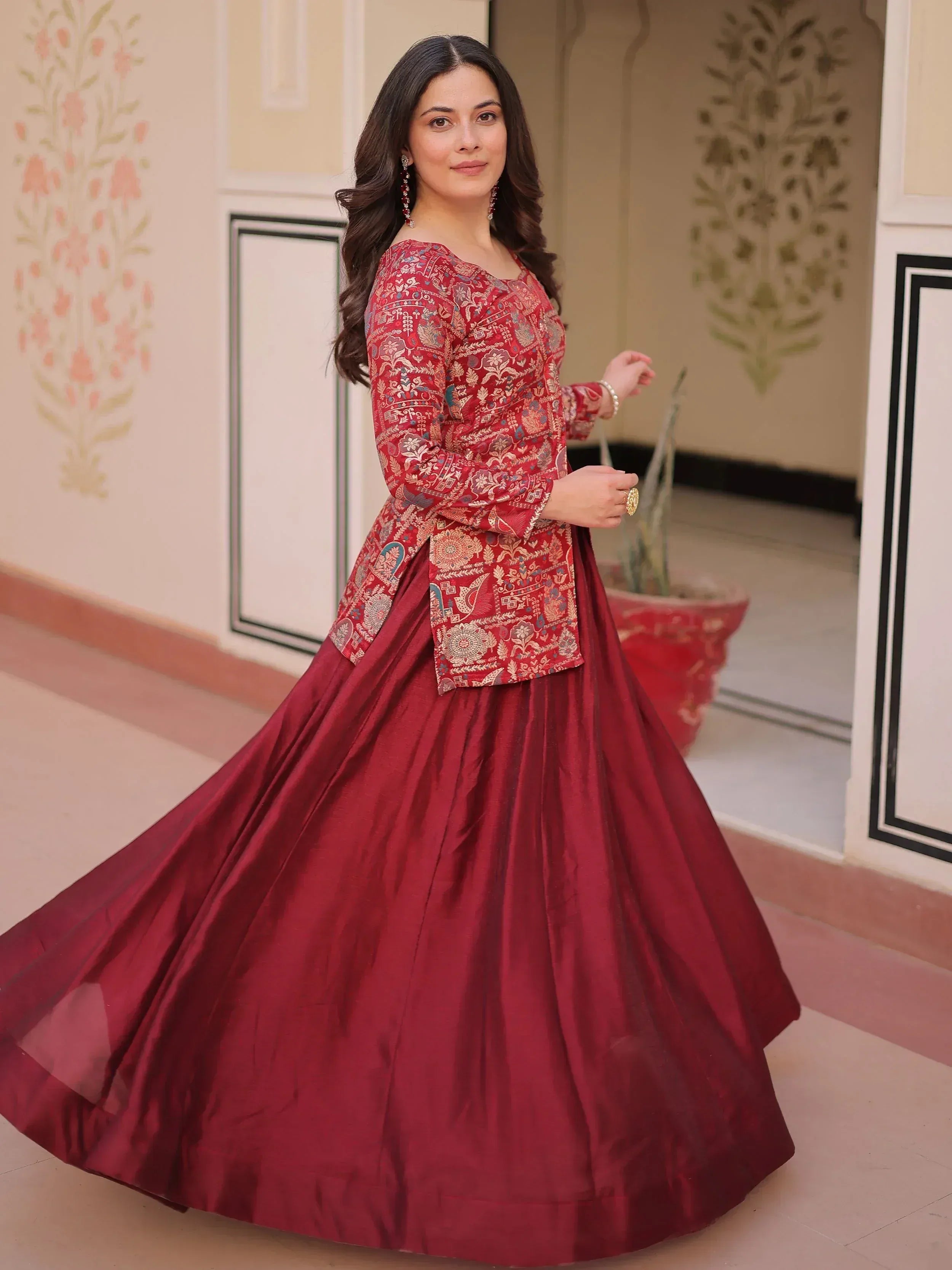Adorable Maroon Silk Zari Weaving Bridesmaids Lehenga With Jacket