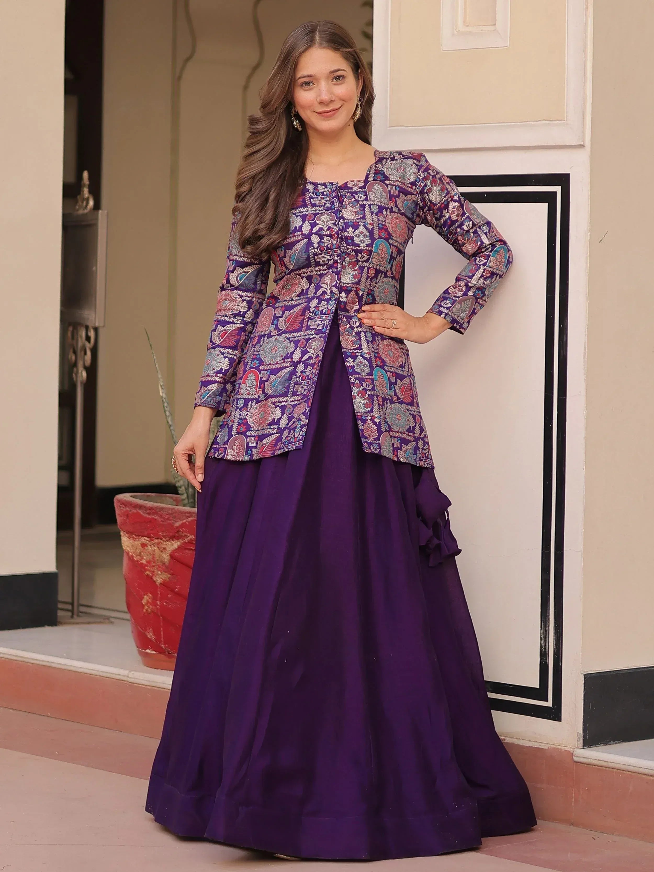 Purple ethnic gown with printed jacket, perfect for Indian occasions and festive wear