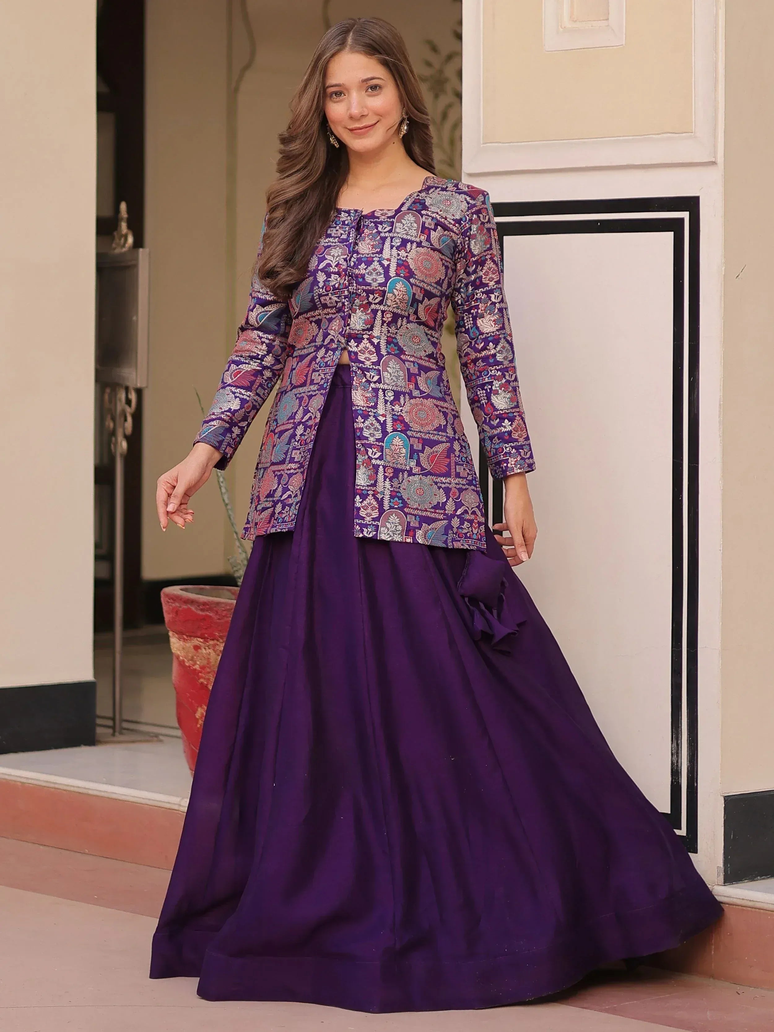Purple printed ethnic jacket with matching lehenga skirt, Indian designer wear