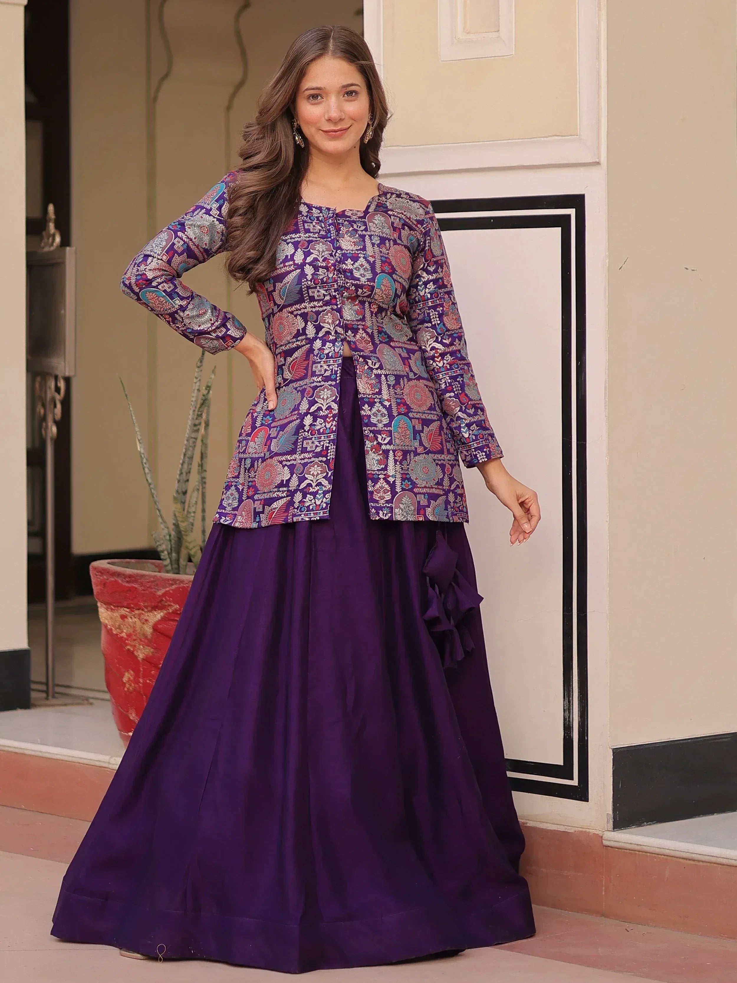 Purple printed kurta with solid skirt, Indian ethnic wear for women