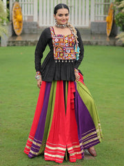 Sweet Red Rayon Kutchi Work Navratri Wear Pelpum Top With Lehenga