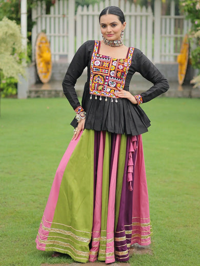 Artistic Multi-Color Rayon Gamthi Work Navratri Lehenga With Peplum Top