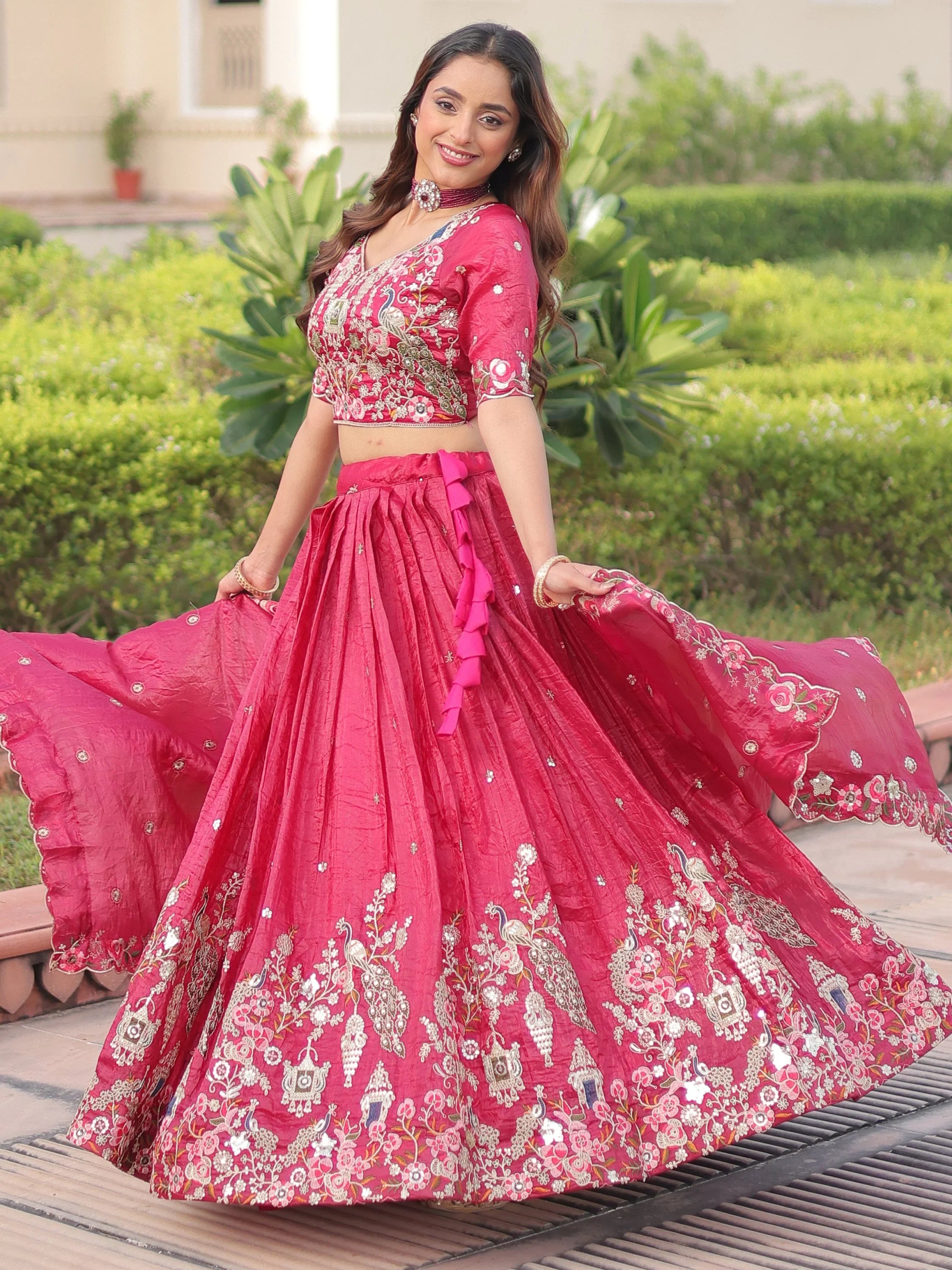 Enchanting Pink Embroidered Crushed Designer Lehenga With Blouse