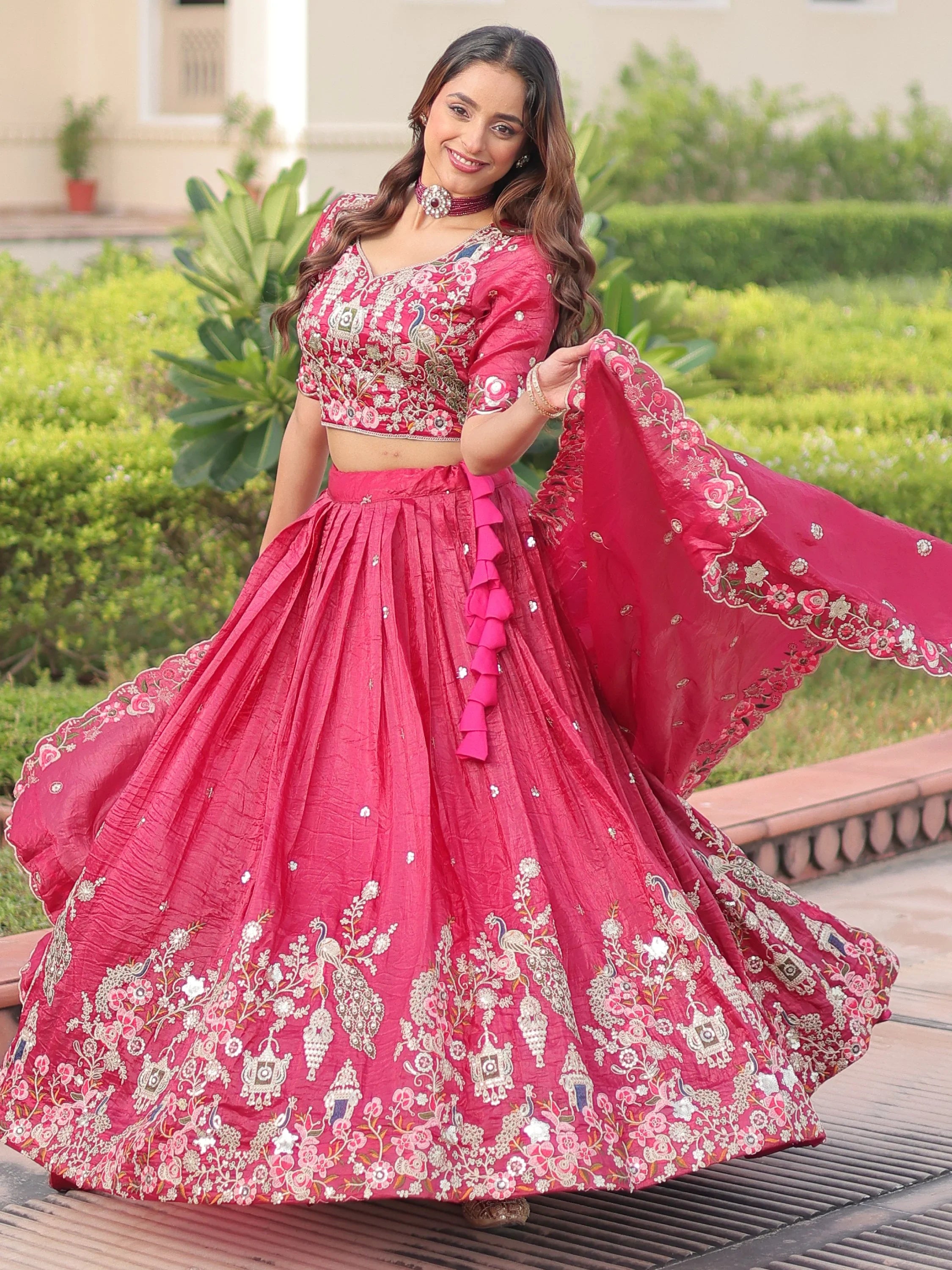 Enchanting Pink Embroidered Crushed Designer Lehenga With Blouse
