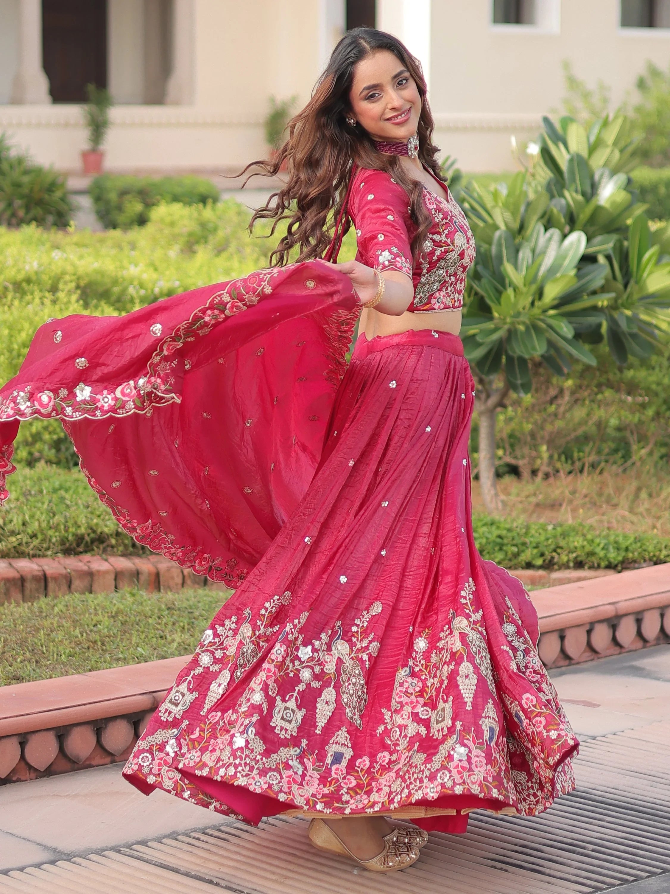 Enchanting Pink Embroidered Crushed Designer Lehenga With Blouse