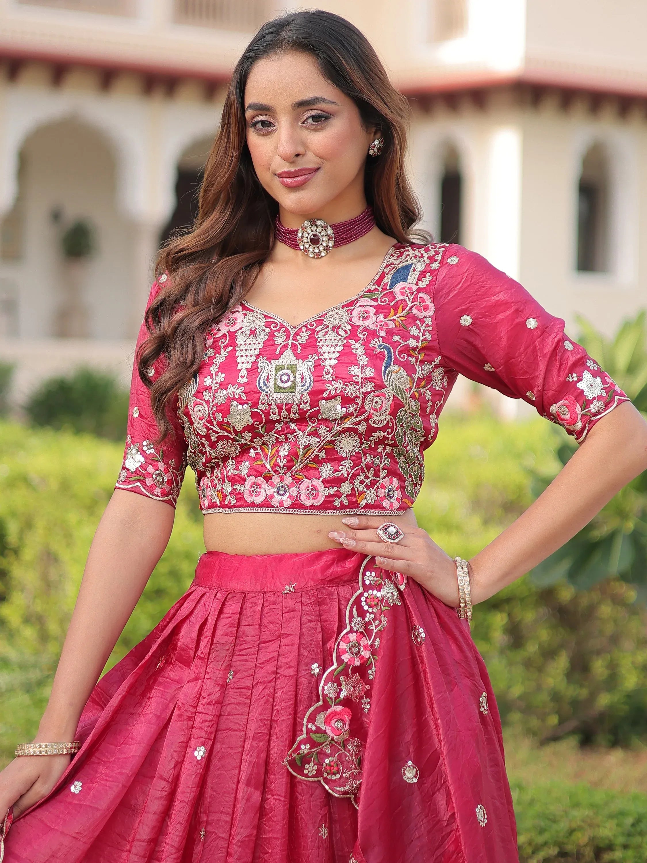 Enchanting Pink Embroidered Crushed Designer Lehenga With Blouse