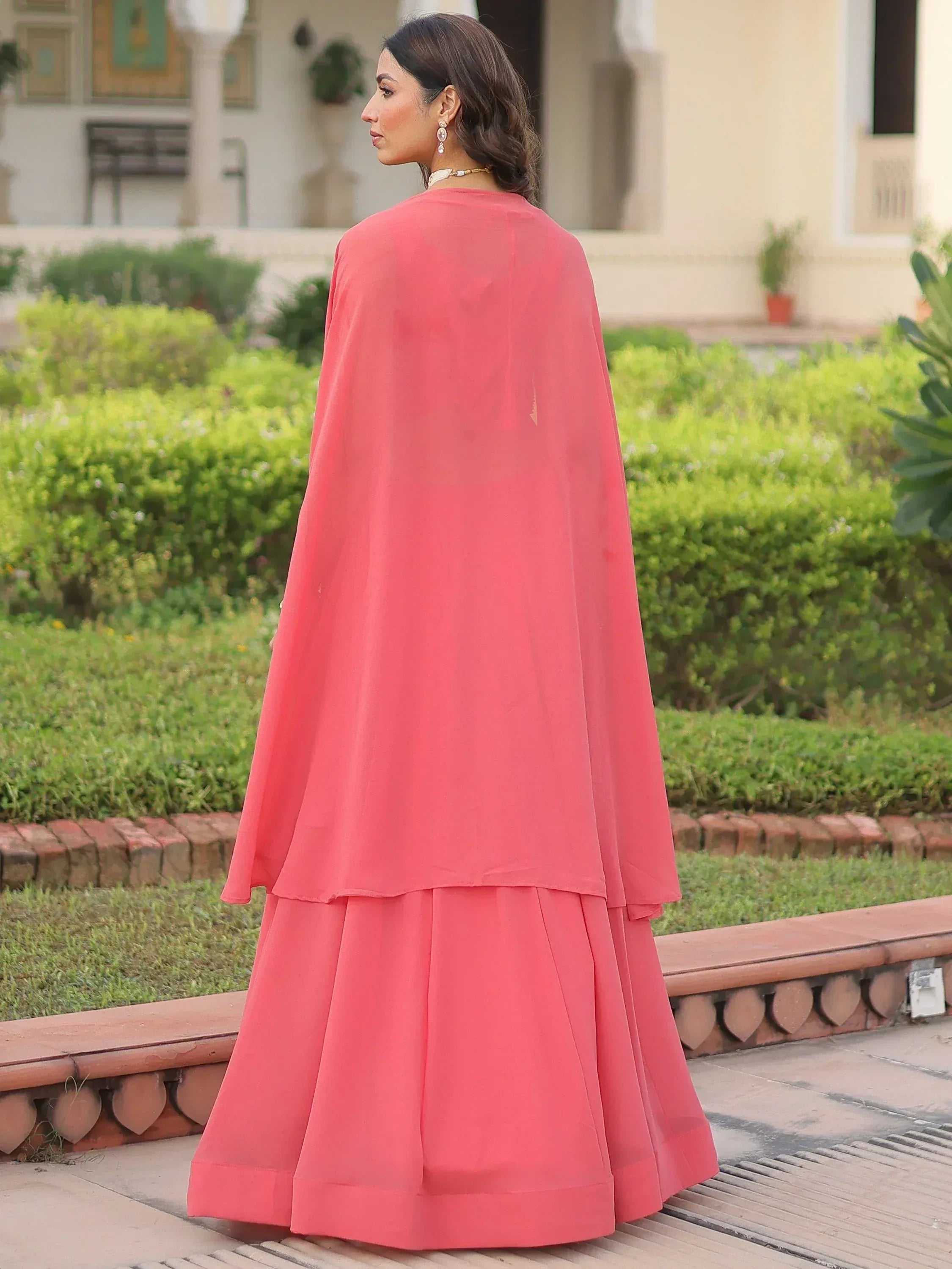 Elegant Peach Beads Work Georgette Wedding Wear Lehenga With Shrug