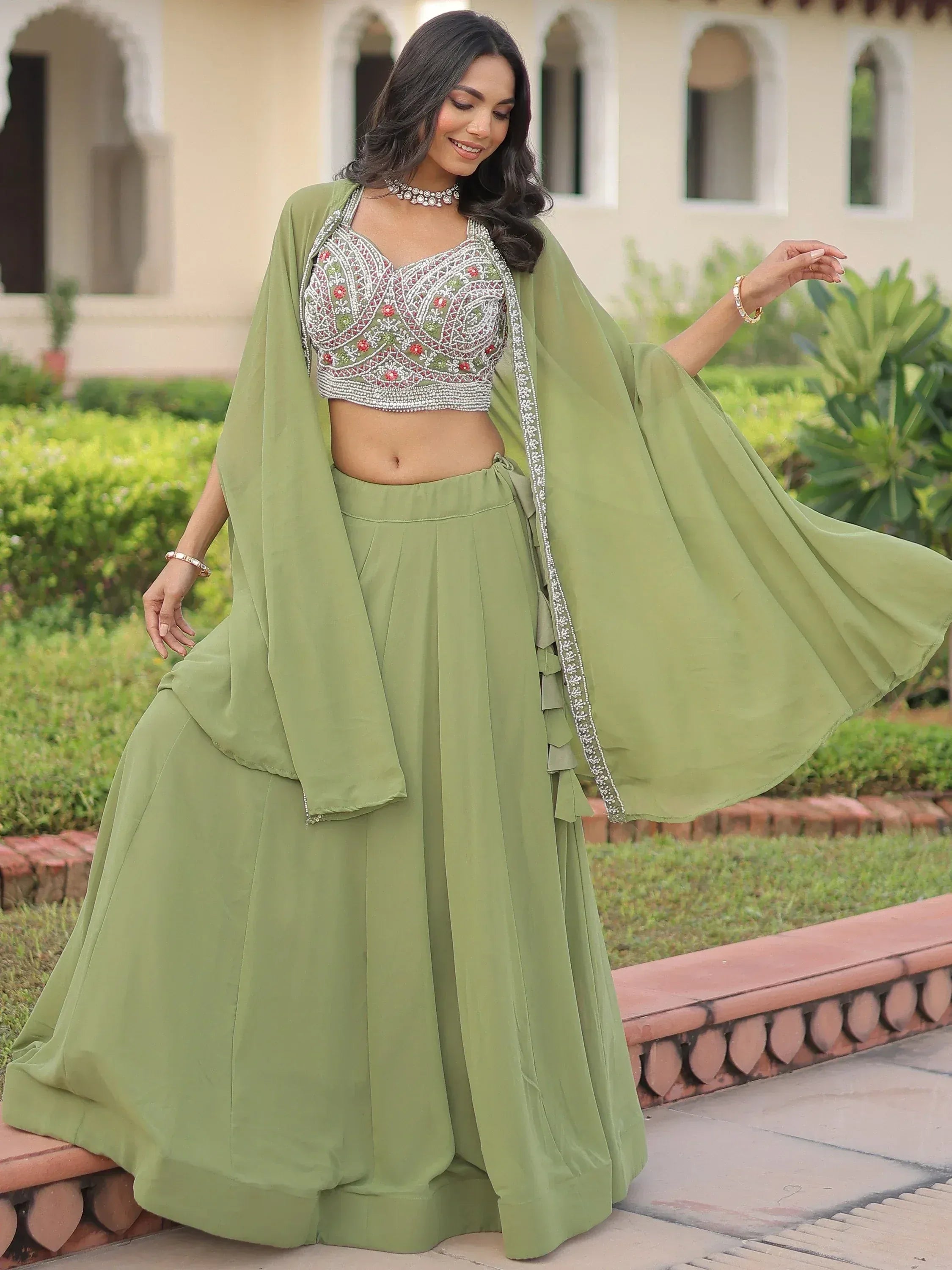 Graceful Green Beads Work Georgette Festive Wear Lehenga With Shrug