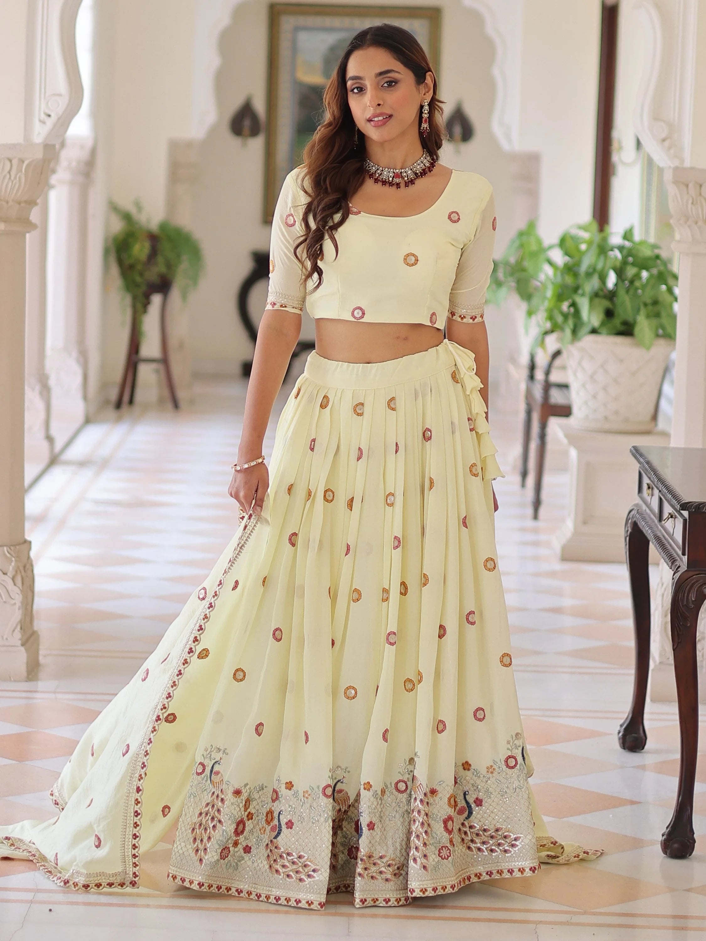 Striking Off-White Multi Thread Work Silk Lehenga With Blouse