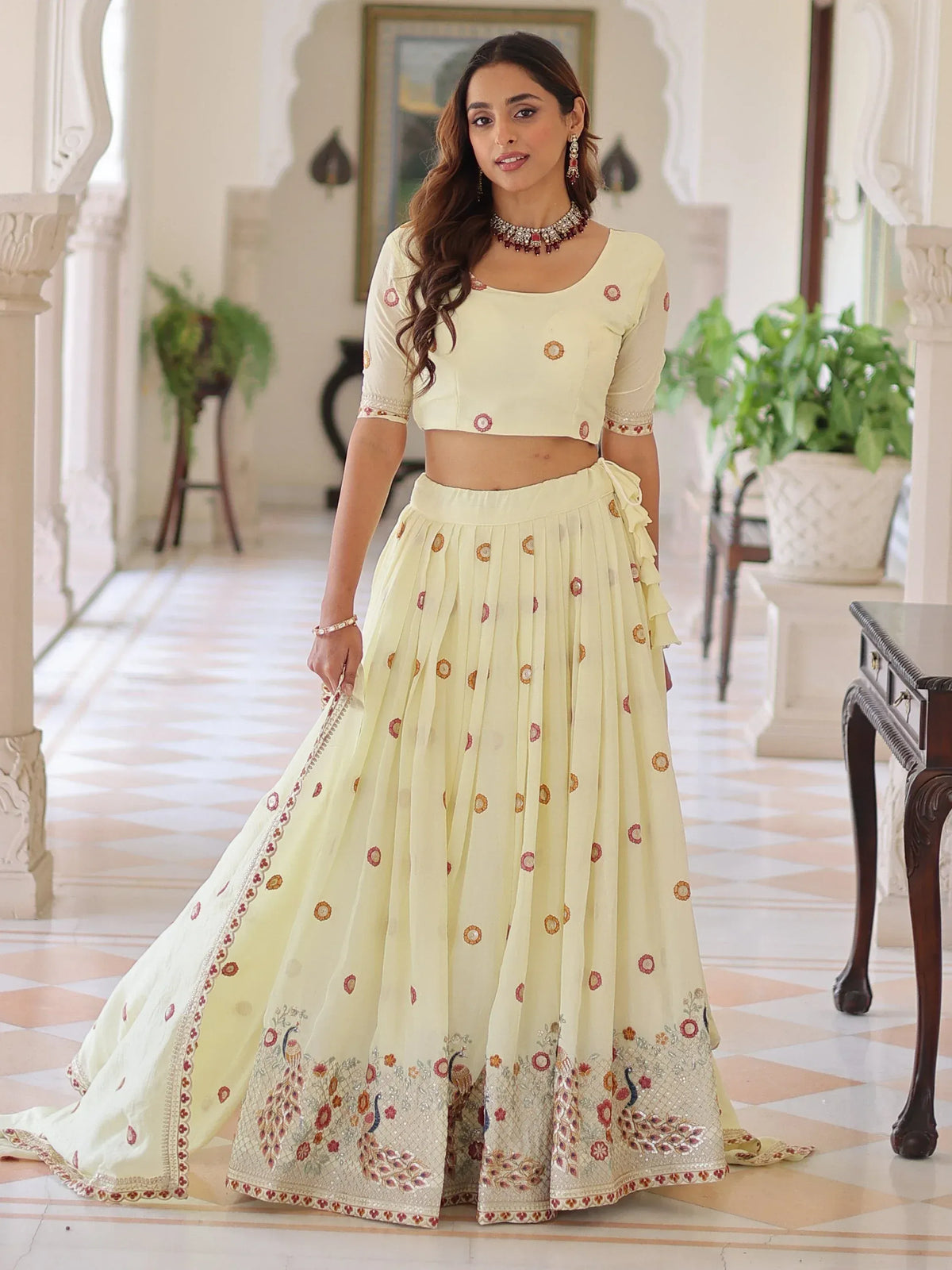 Striking Off-White Multi Thread Work Silk Lehenga With Blouse
