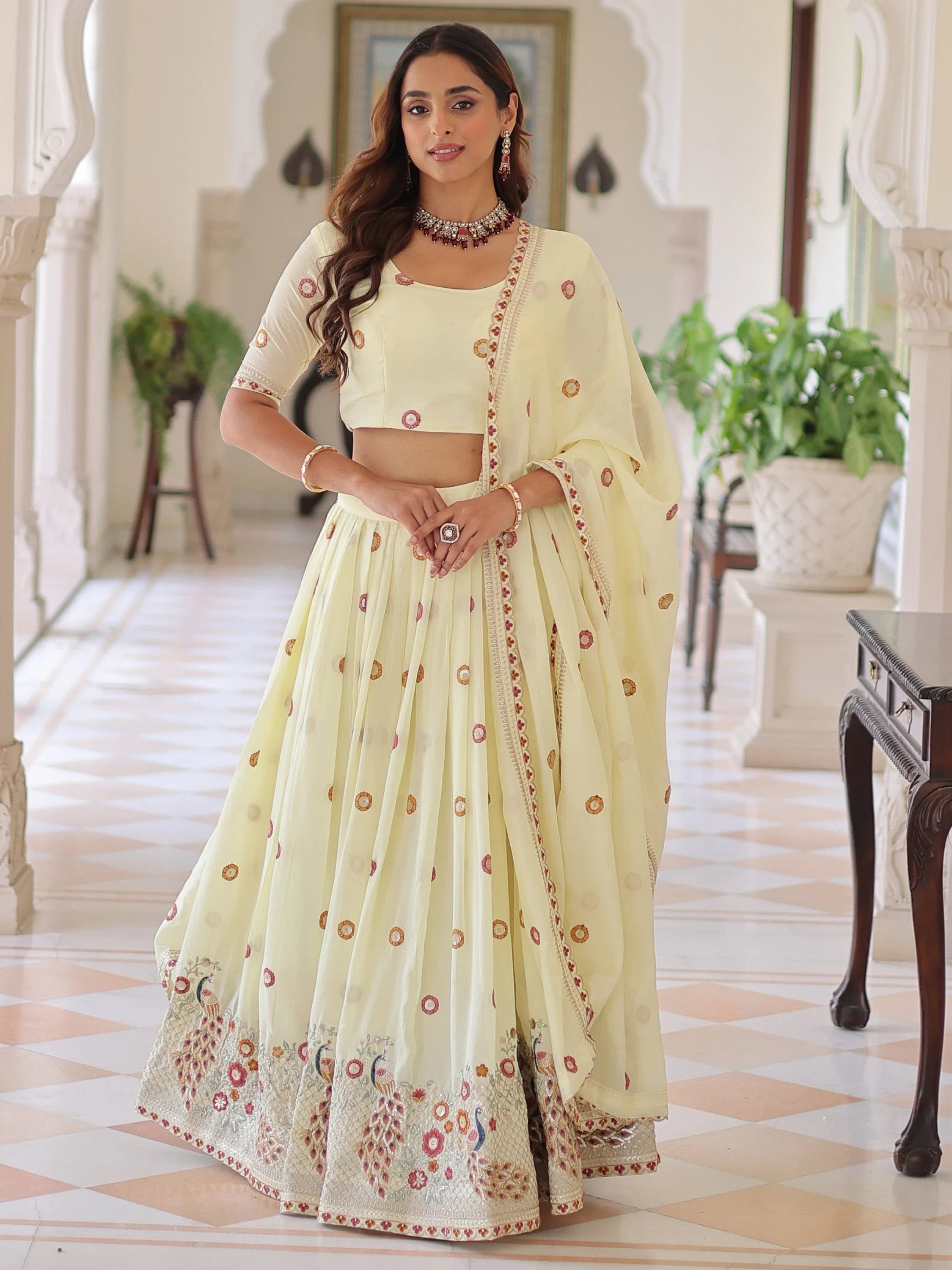 Striking Off-White Multi Thread Work Silk Lehenga With Blouse