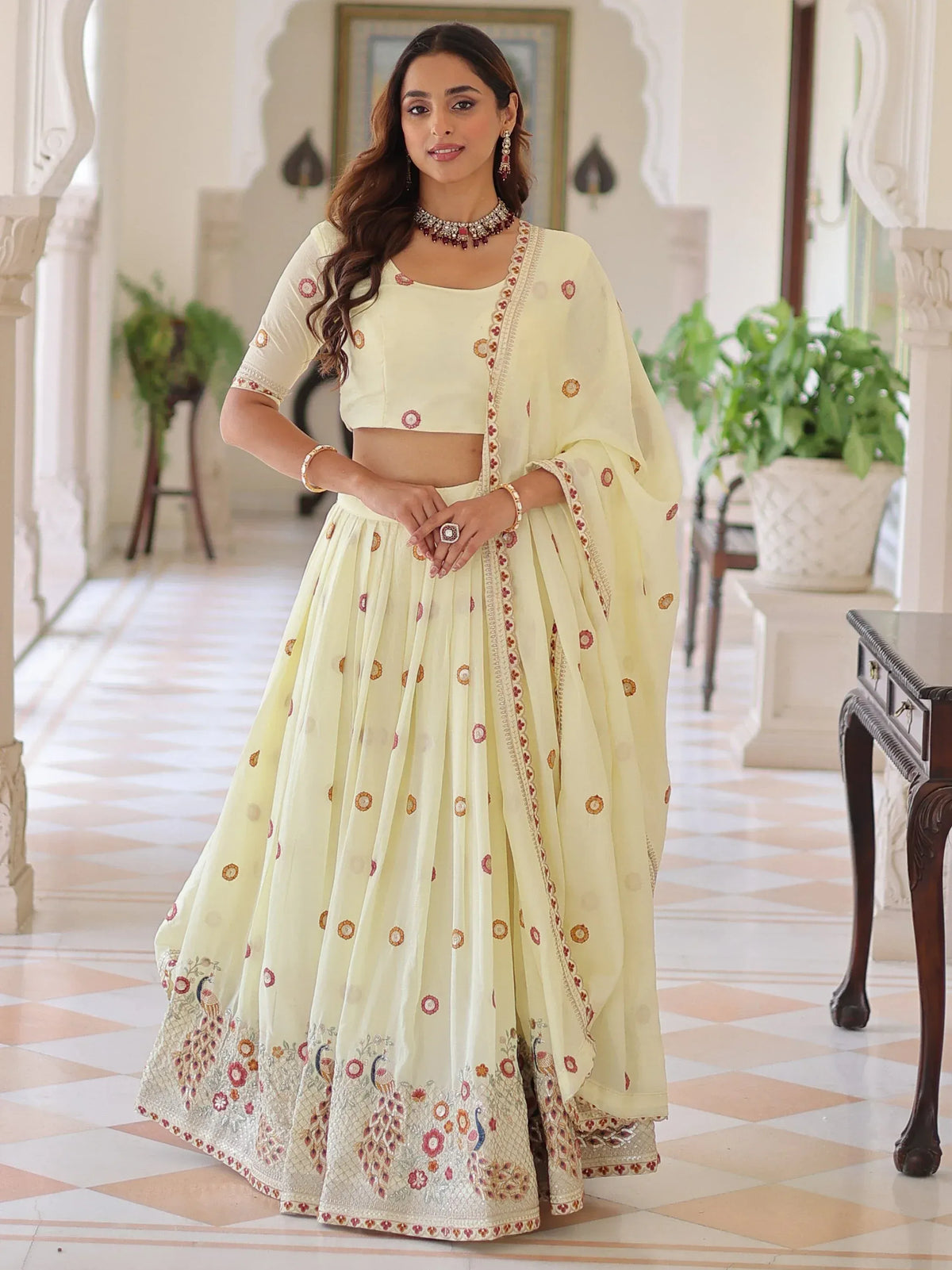 Striking Off-White Multi Thread Work Silk Lehenga With Blouse