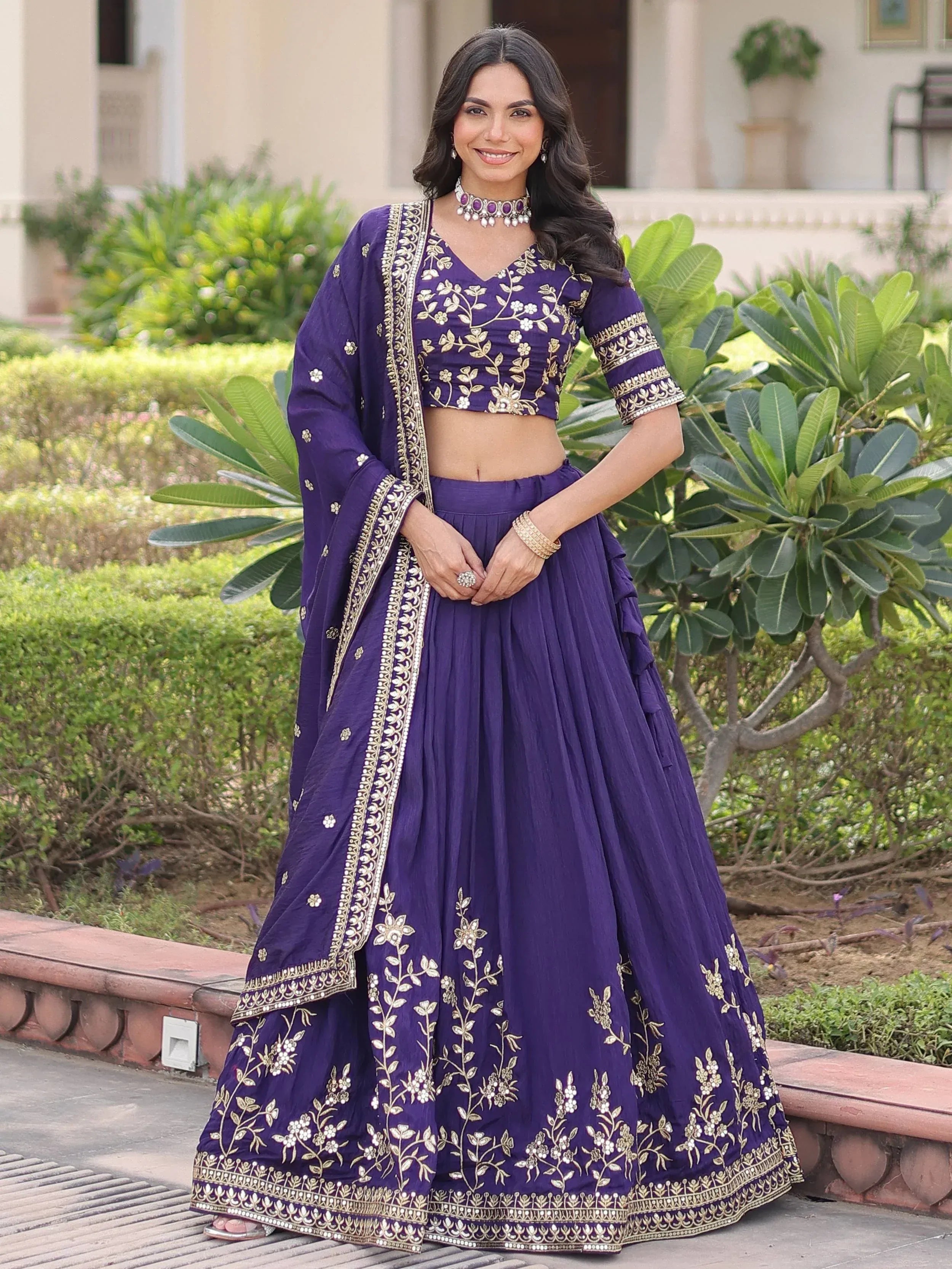 Graceful Purple Embroidered Silk Wedding Wear Lehenga Choli