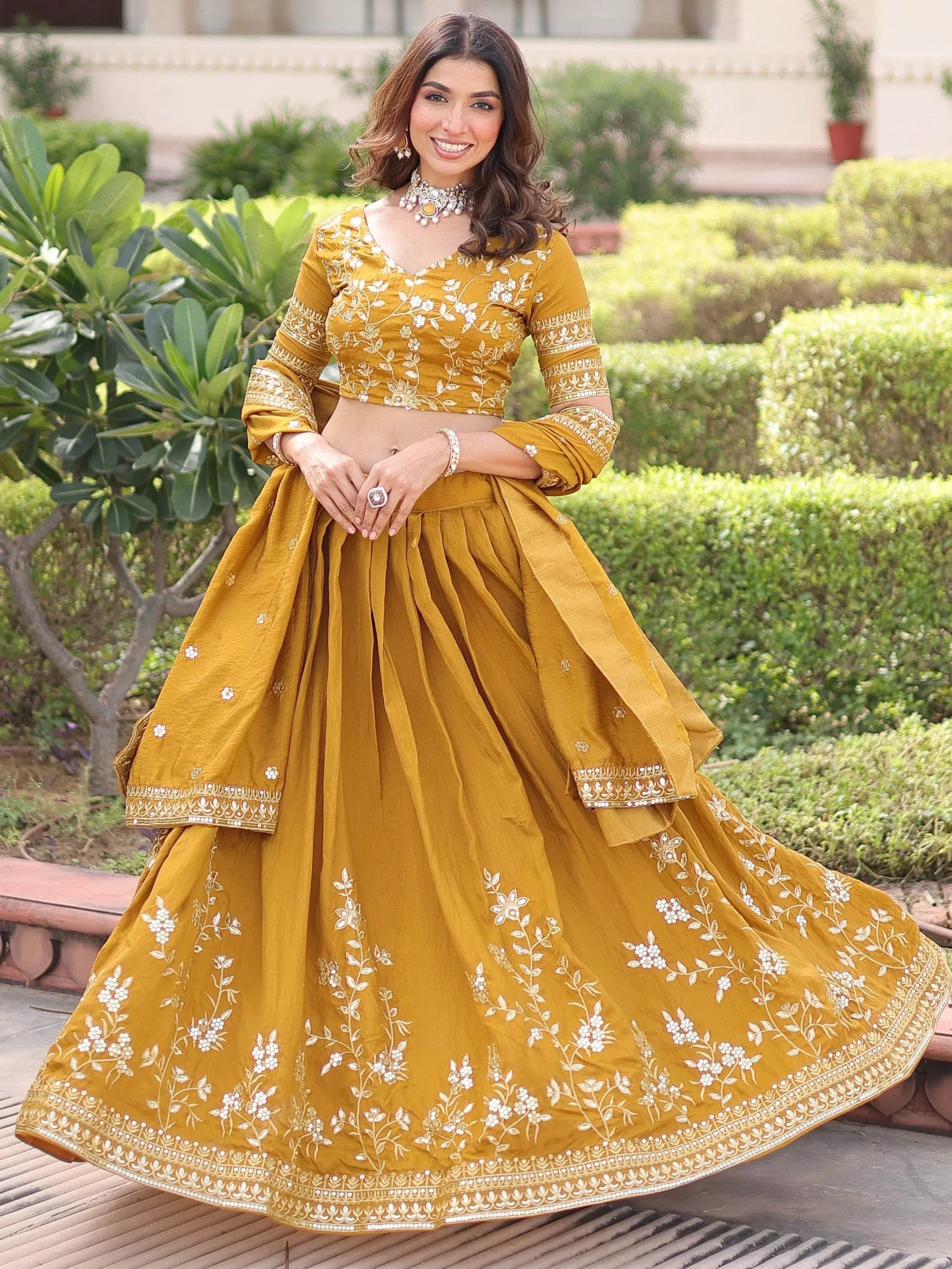 Captivating Yellow Embroidered Silk Haldi Wear Lehenga Choli
