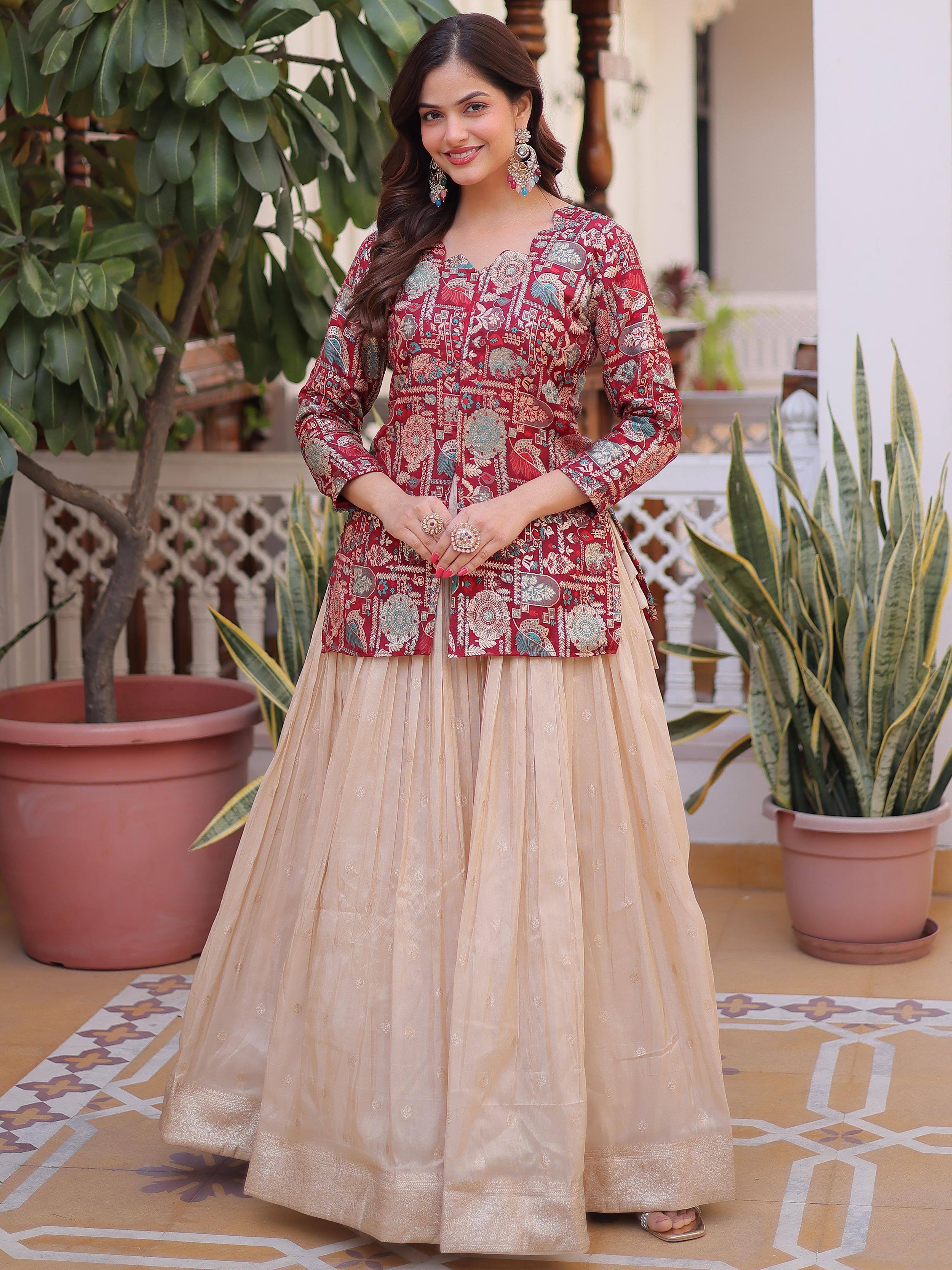 Great Maroon Zari Weaving Festival Wear Lehenga With Peplum Top