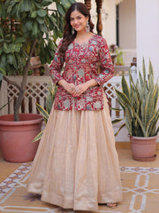 Great Maroon Zari Weaving Festival Wear Lehenga With Peplum Top