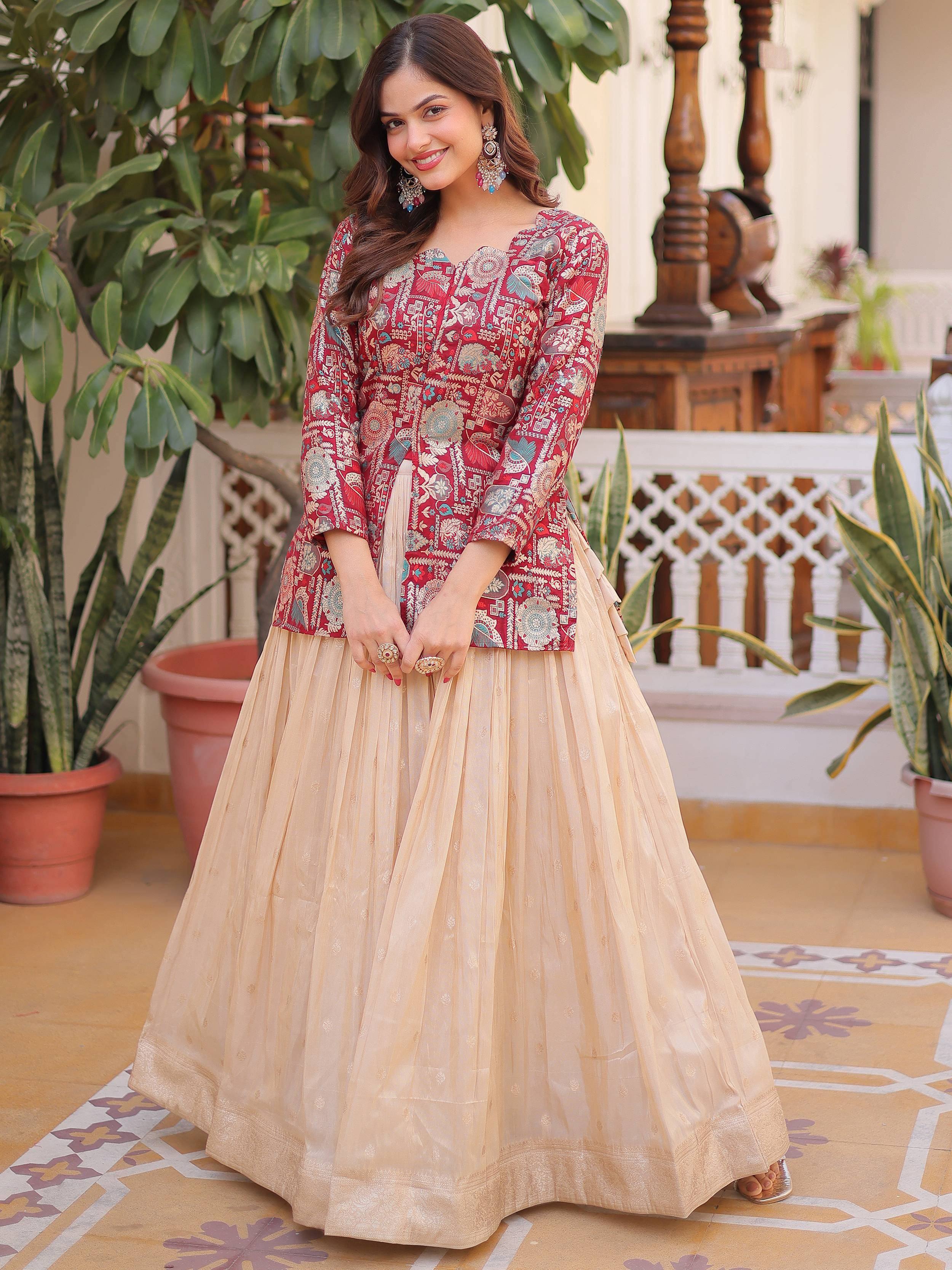 Great Maroon Zari Weaving Festival Wear Lehenga With Peplum Top