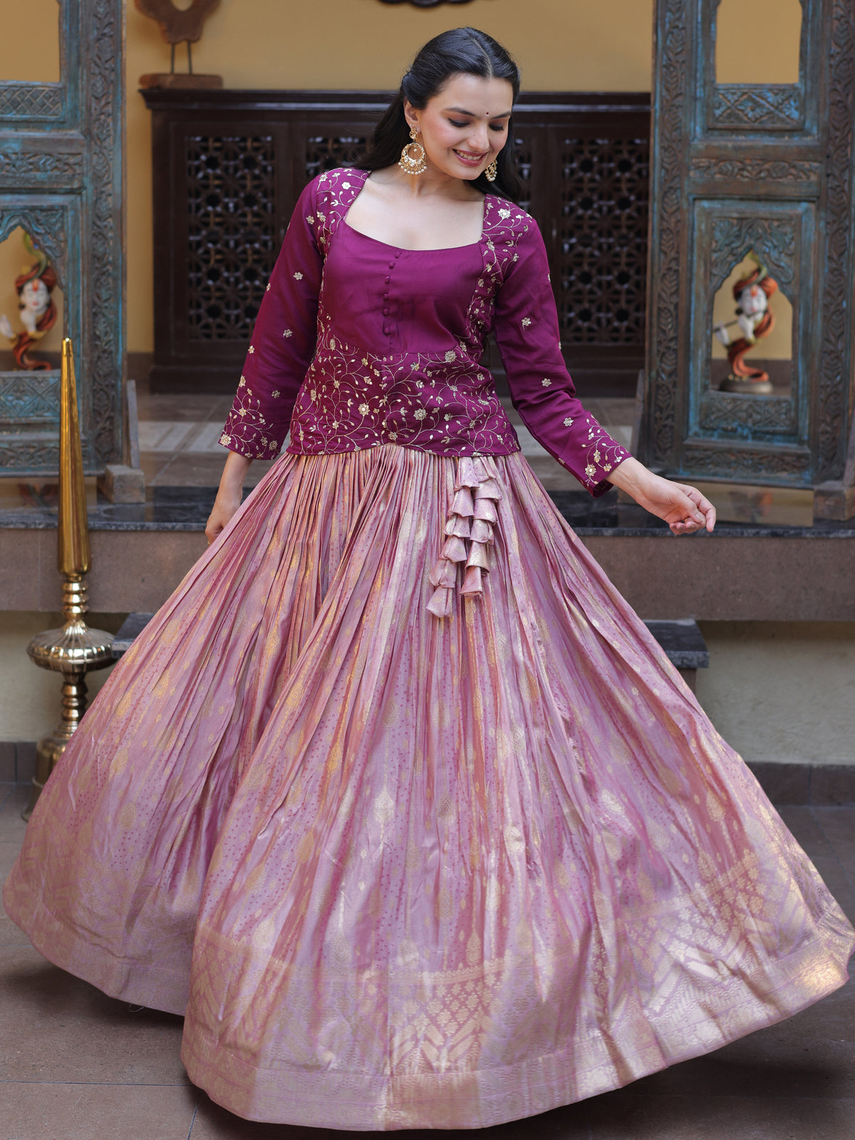 Fantastic Magenta Embroidered Jacquard Festive Wear Lehenga Choli