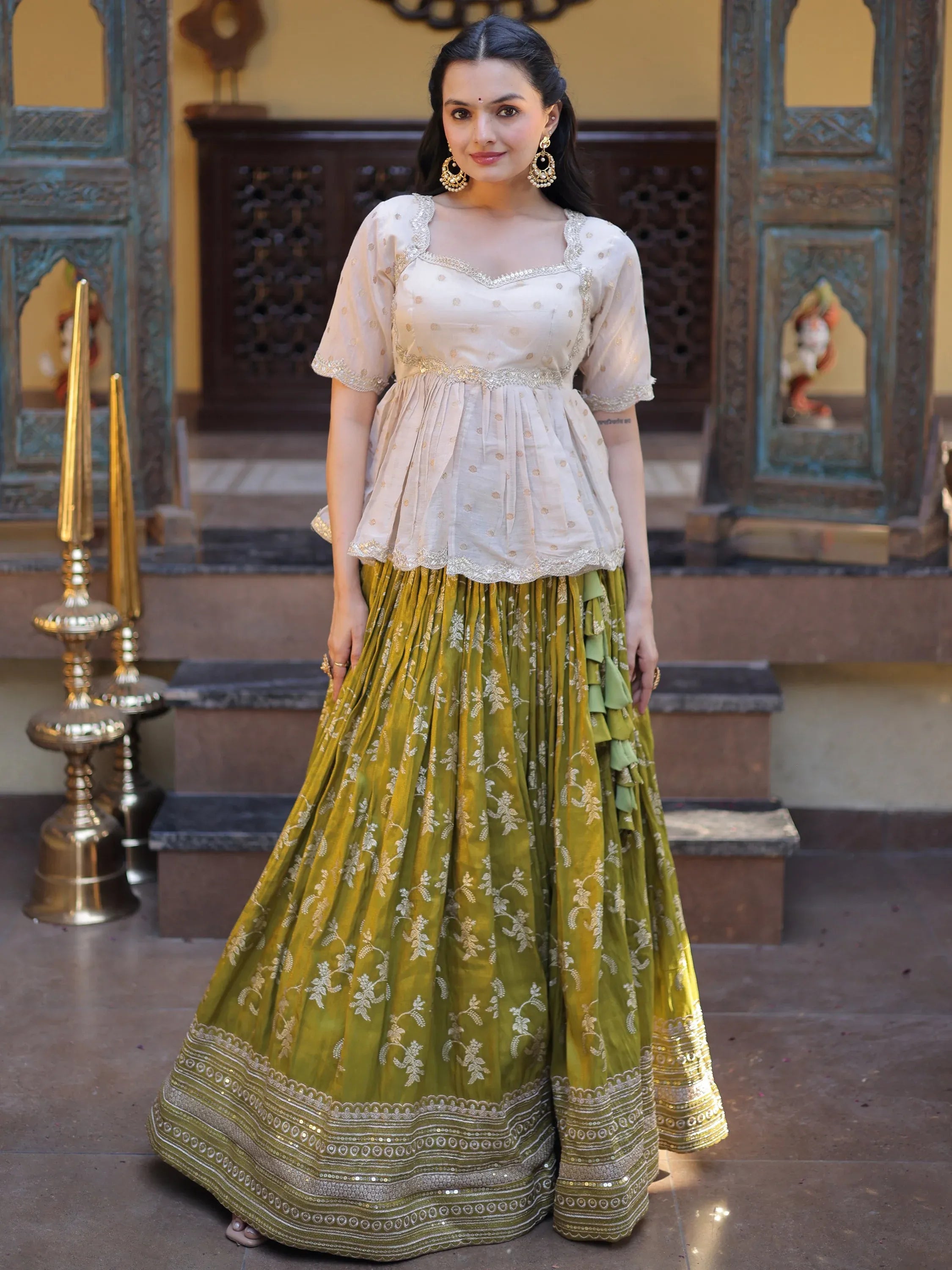 Superb Olive Green Embroidered Silk Mehendi Wear Lehenga With Peplum Top